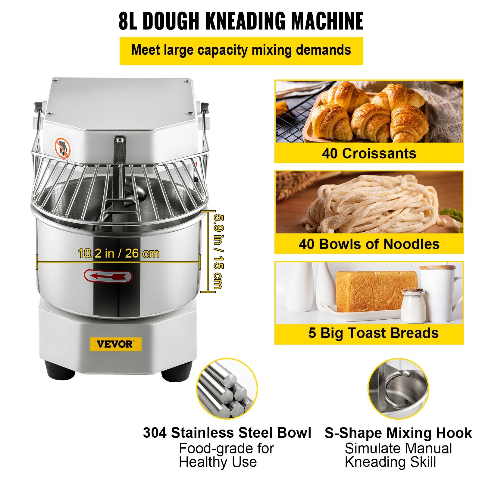 VEVOR Commercial Dough Food Mixer, 8L Large Capacity Stainless Steel Mixer with Bowel, Hook, Shield, Reset Button, 450W Tilt-Head Kitchen Dough Mixers for Cake, Cream, Egg Fluid, Fillings 3