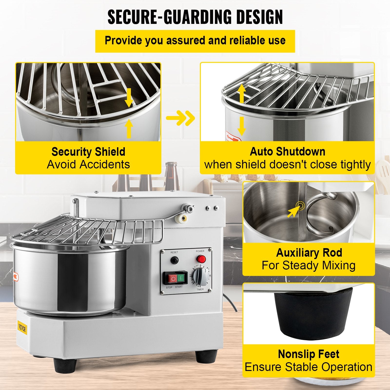 VEVOR Commercial Dough Food Mixer, 8L Large Capacity Stainless Steel Mixer with Bowel, Hook, Shield, Reset Button, 450W Tilt-Head Kitchen Dough Mixers for Cake, Cream, Egg Fluid, Fillings 6