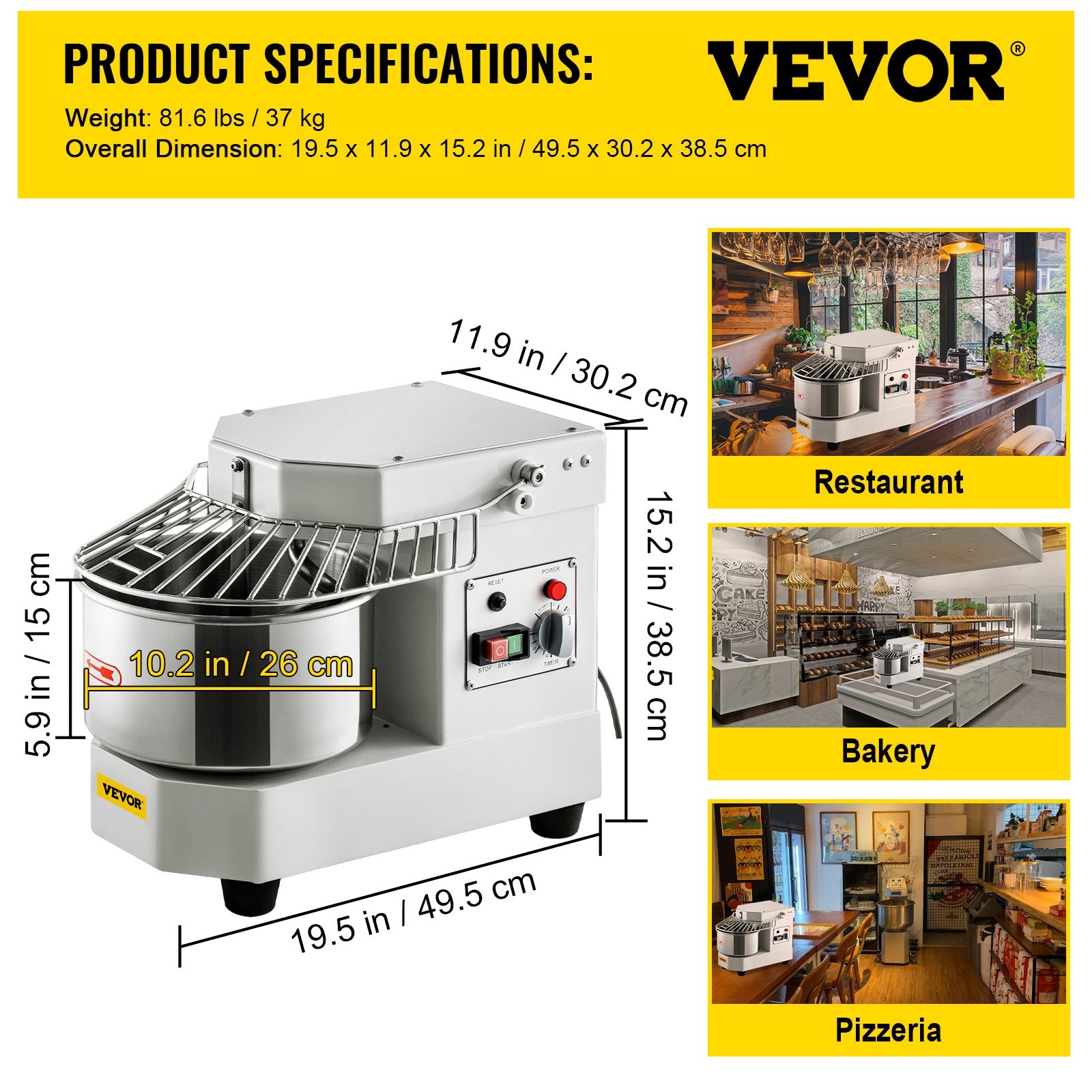 VEVOR Commercial Dough Food Mixer, 8L Large Capacity Stainless Steel Mixer with Bowel, Hook, Shield, Reset Button, 450W Tilt-Head Kitchen Dough Mixers for Cake, Cream, Egg Fluid, Fillings 7