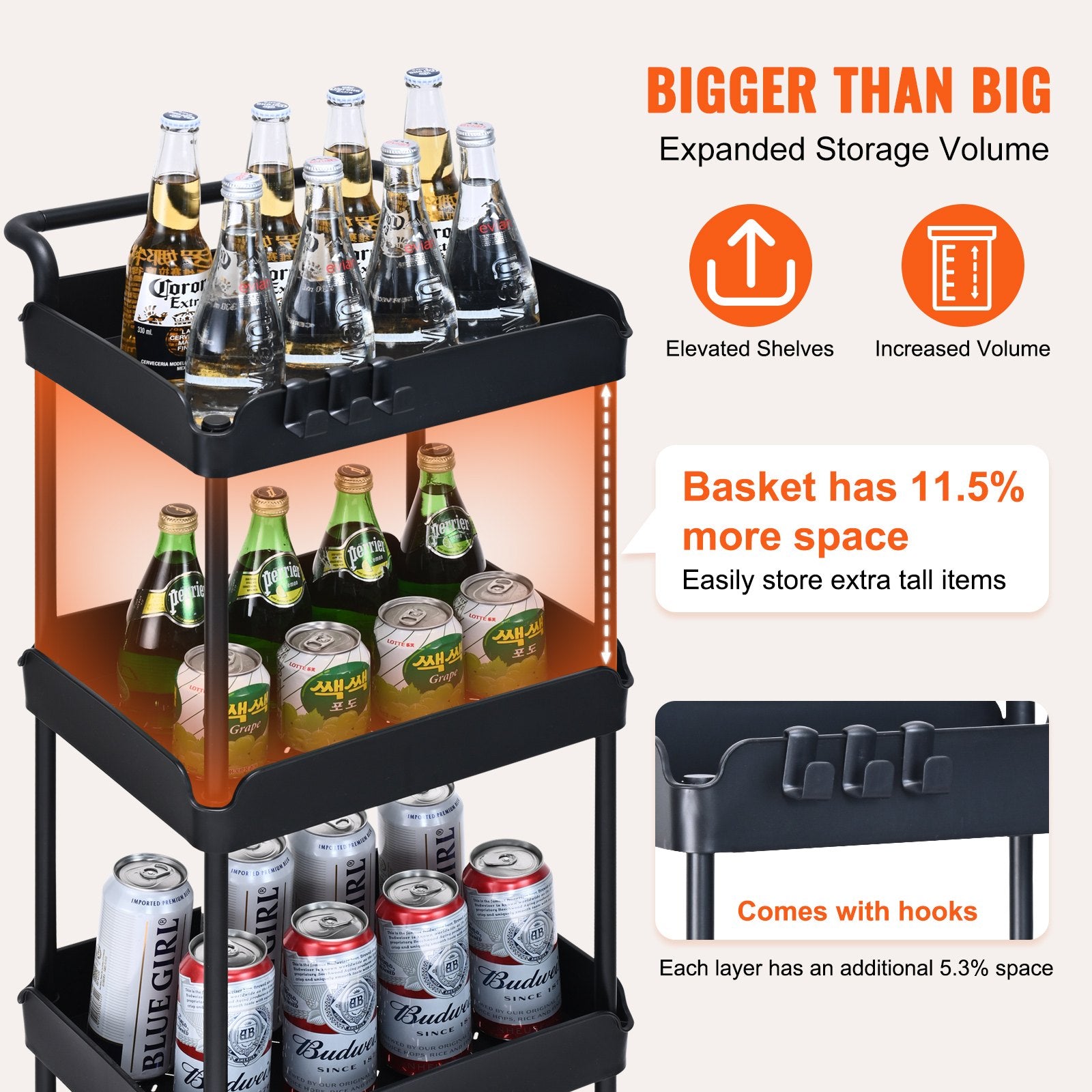 VEVOR 4-Tier Kitchen Rolling Cart Basket Utility Cart on Wheel with Handle Black 4