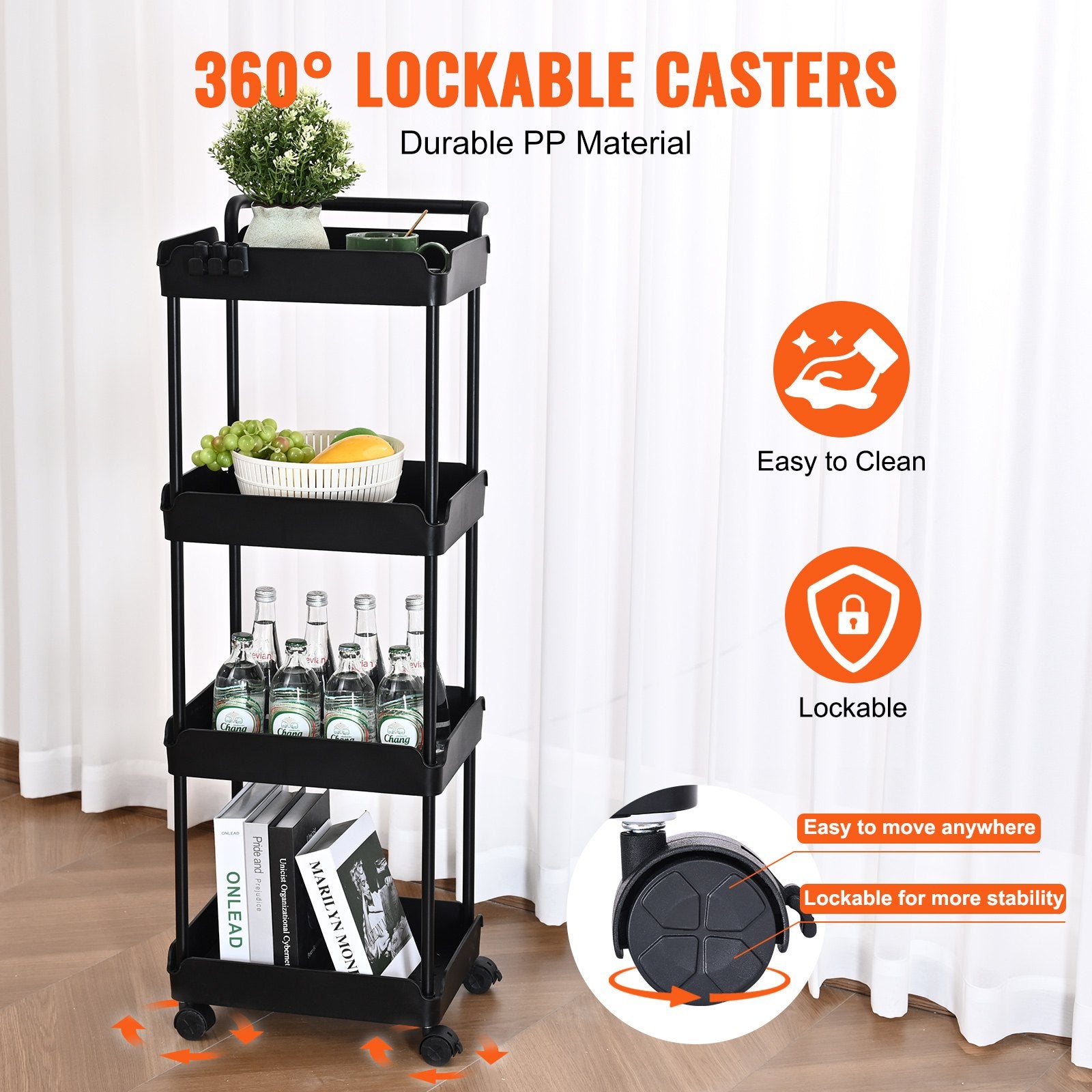 VEVOR 4-Tier Kitchen Rolling Cart Basket Utility Cart on Wheel with Handle Black 5