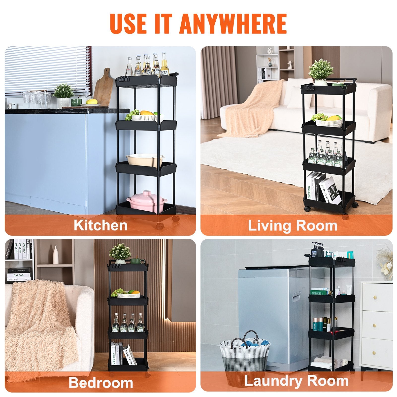 VEVOR 4-Tier Kitchen Rolling Cart Basket Utility Cart on Wheel with Handle Black 6