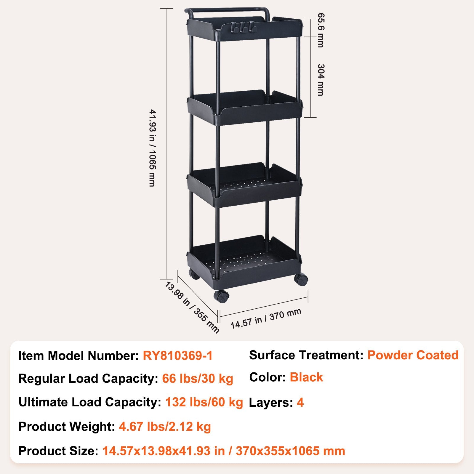 VEVOR 4-Tier Kitchen Rolling Cart Basket Utility Cart on Wheel with Handle Black 7