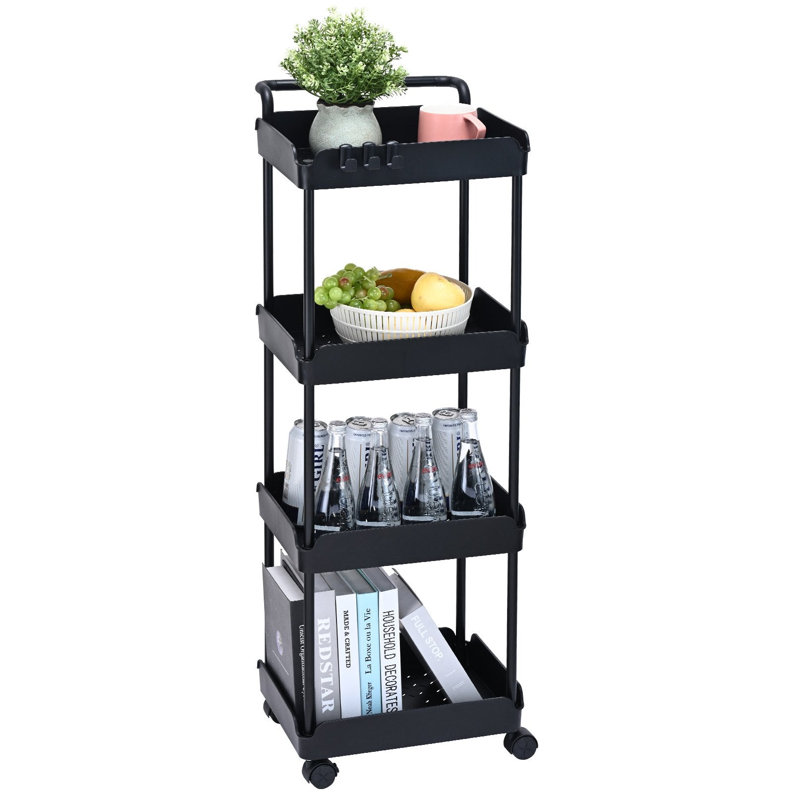 VEVOR 4-Tier Kitchen Rolling Cart Basket Utility Cart on Wheel with Handle Black 9