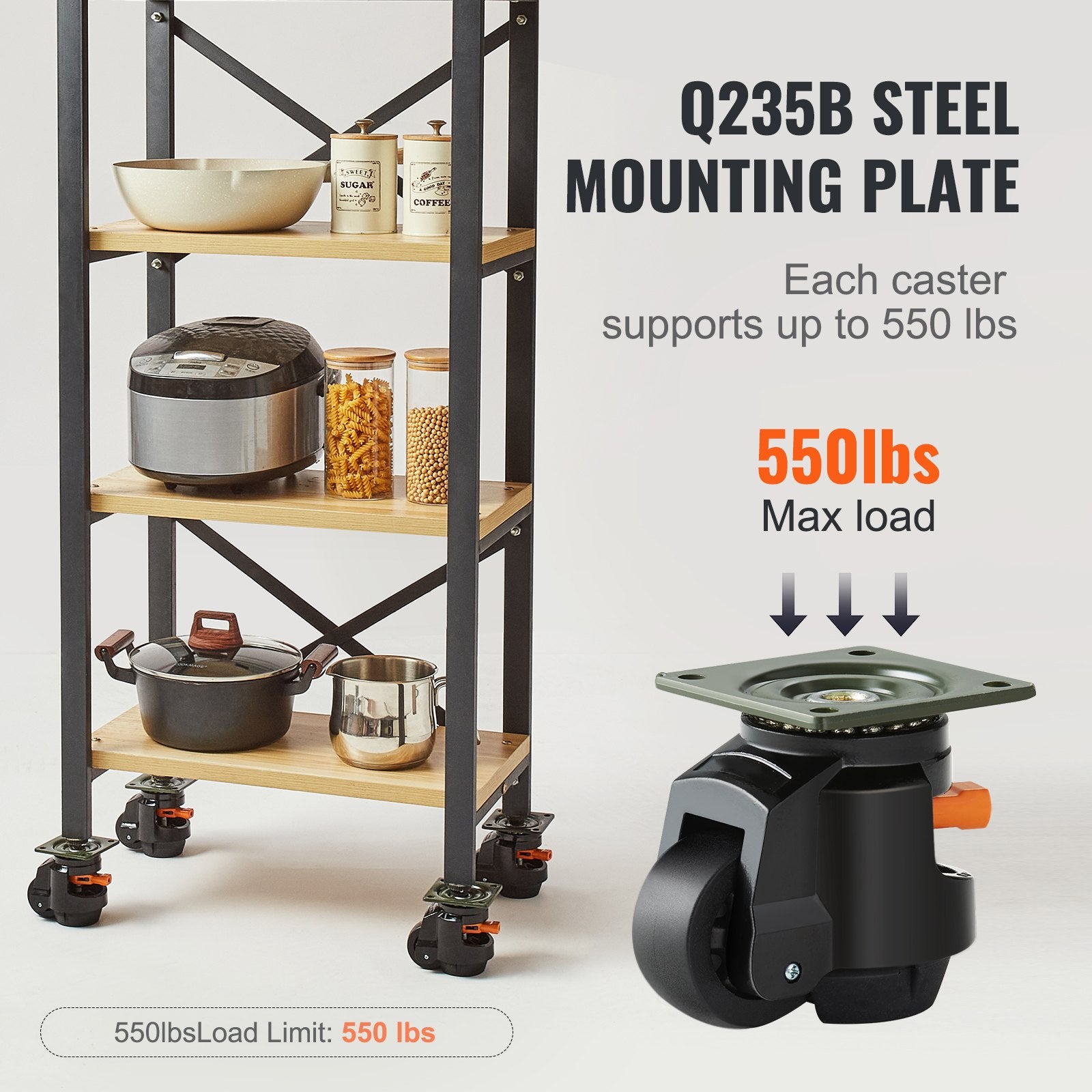 VEVOR Leveling Casters, Set of 4, 1000 kg Total Load Capacity, 63.5 mm, Heavy Duty with Upgraded Handle Design, 360 Degree Swivel Caster Wheels, Adjustable Casters with Feet for Workbench, Machine 5