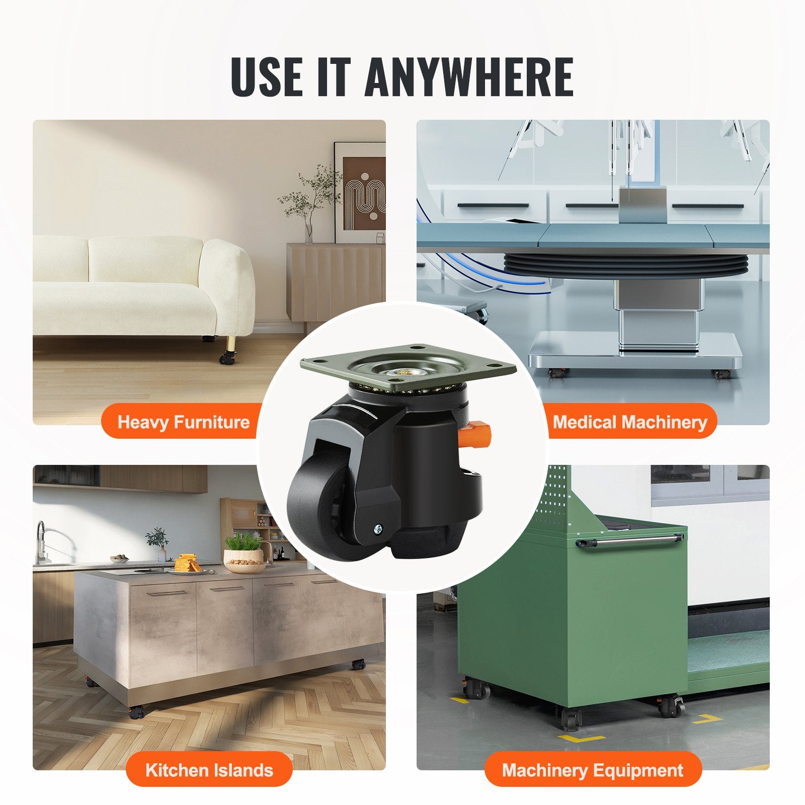 VEVOR Leveling Casters, Set of 4, 1000 kg Total Load Capacity, 63.5 mm, Heavy Duty with Upgraded Handle Design, 360 Degree Swivel Caster Wheels, Adjustable Casters with Feet for Workbench, Machine 6