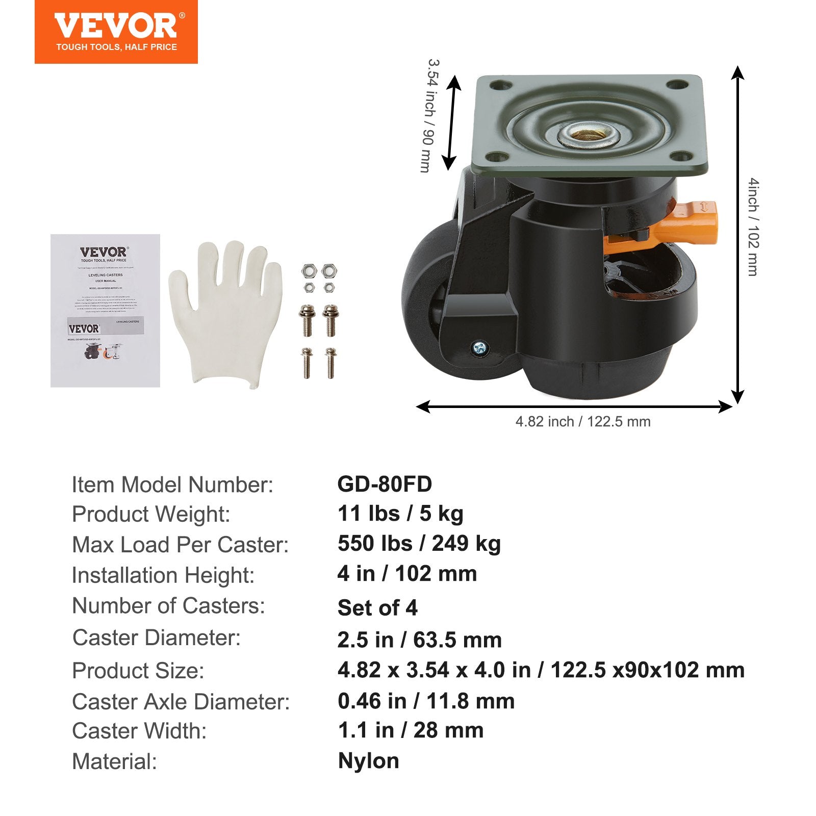 VEVOR Leveling Casters, Set of 4, 1000 kg Total Load Capacity, 63.5 mm, Heavy Duty with Upgraded Handle Design, 360 Degree Swivel Caster Wheels, Adjustable Casters with Feet for Workbench, Machine 7