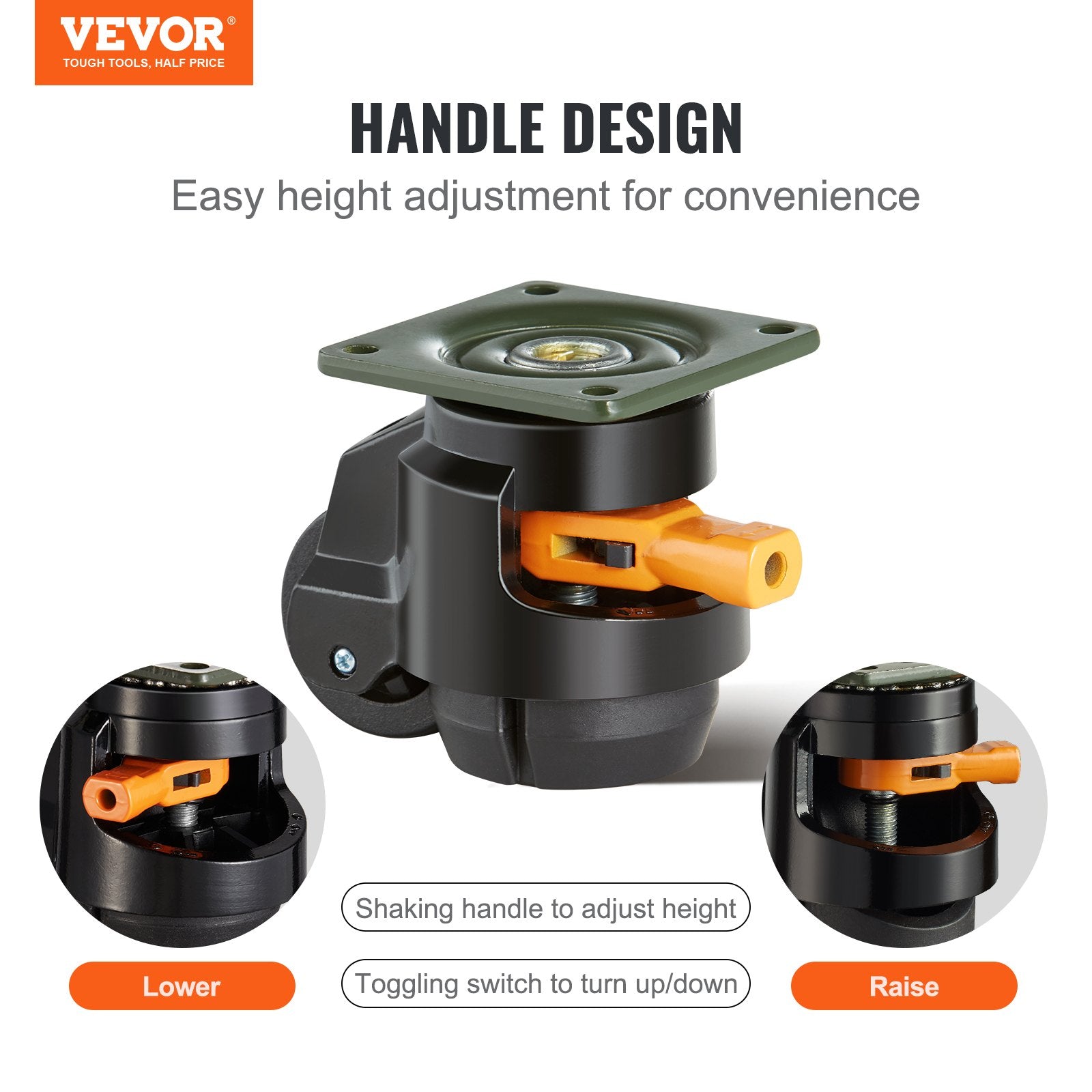 VEVOR Leveling Casters, Set of 4, 500 kg Total Load Capacity, 50.8 mm, Heavy Duty with Upgraded Handle Design, 360 Degree Swivel Caster Wheels, Adjustable Casters with Feet for Workbench, Machine