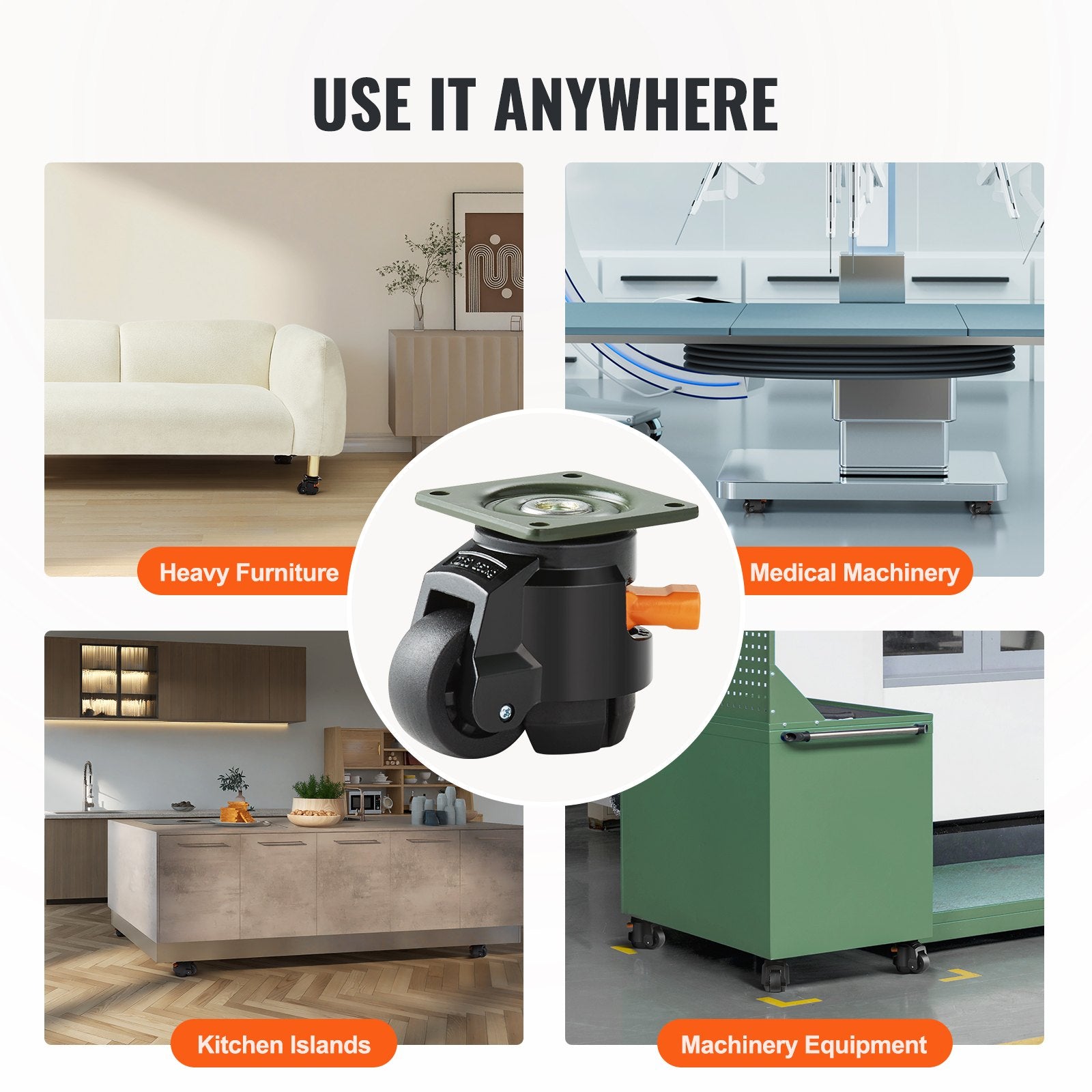 VEVOR Leveling Casters, Set of 4, 500 kg Total Load Capacity, 50.8 mm, Heavy Duty with Upgraded Handle Design, 360 Degree Swivel Caster Wheels, Adjustable Casters with Feet for Workbench, Machine 6