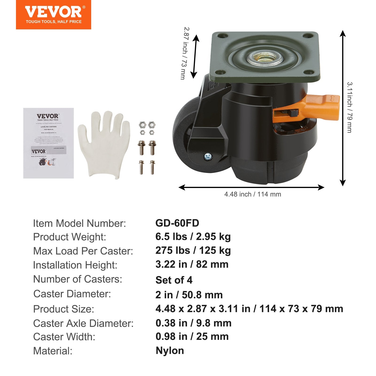VEVOR Leveling Casters, Set of 4, 500 kg Total Load Capacity, 50.8 mm, Heavy Duty with Upgraded Handle Design, 360 Degree Swivel Caster Wheels, Adjustable Casters with Feet for Workbench, Machine 7