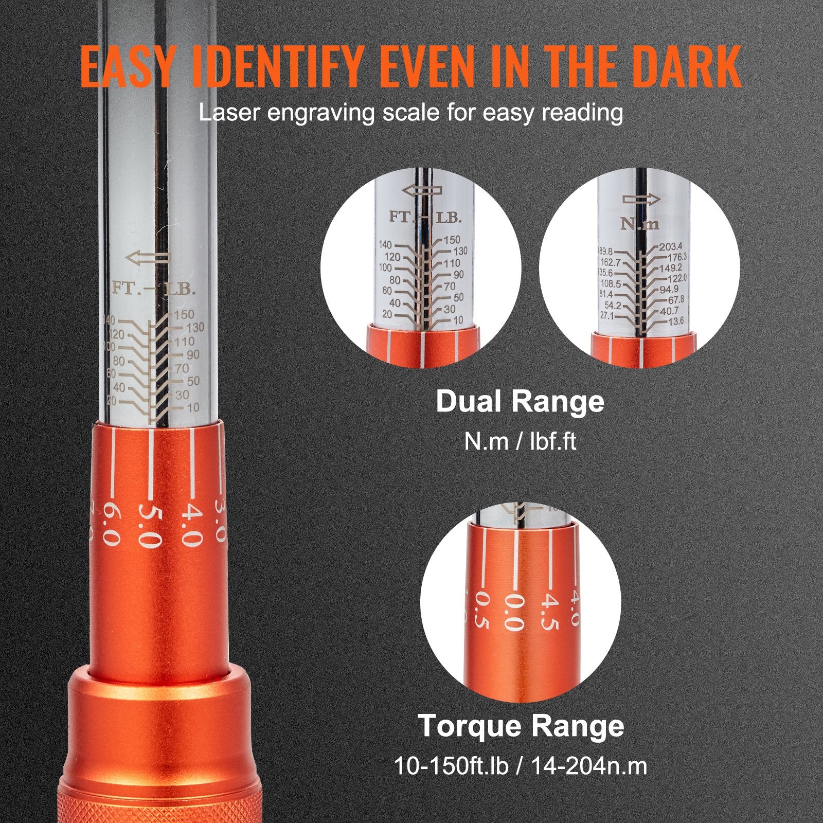 VEVOR Torque Wrench Adjustable Torque Wrench 1/2" Drive 10-150ft.lb/14-204n.m 4