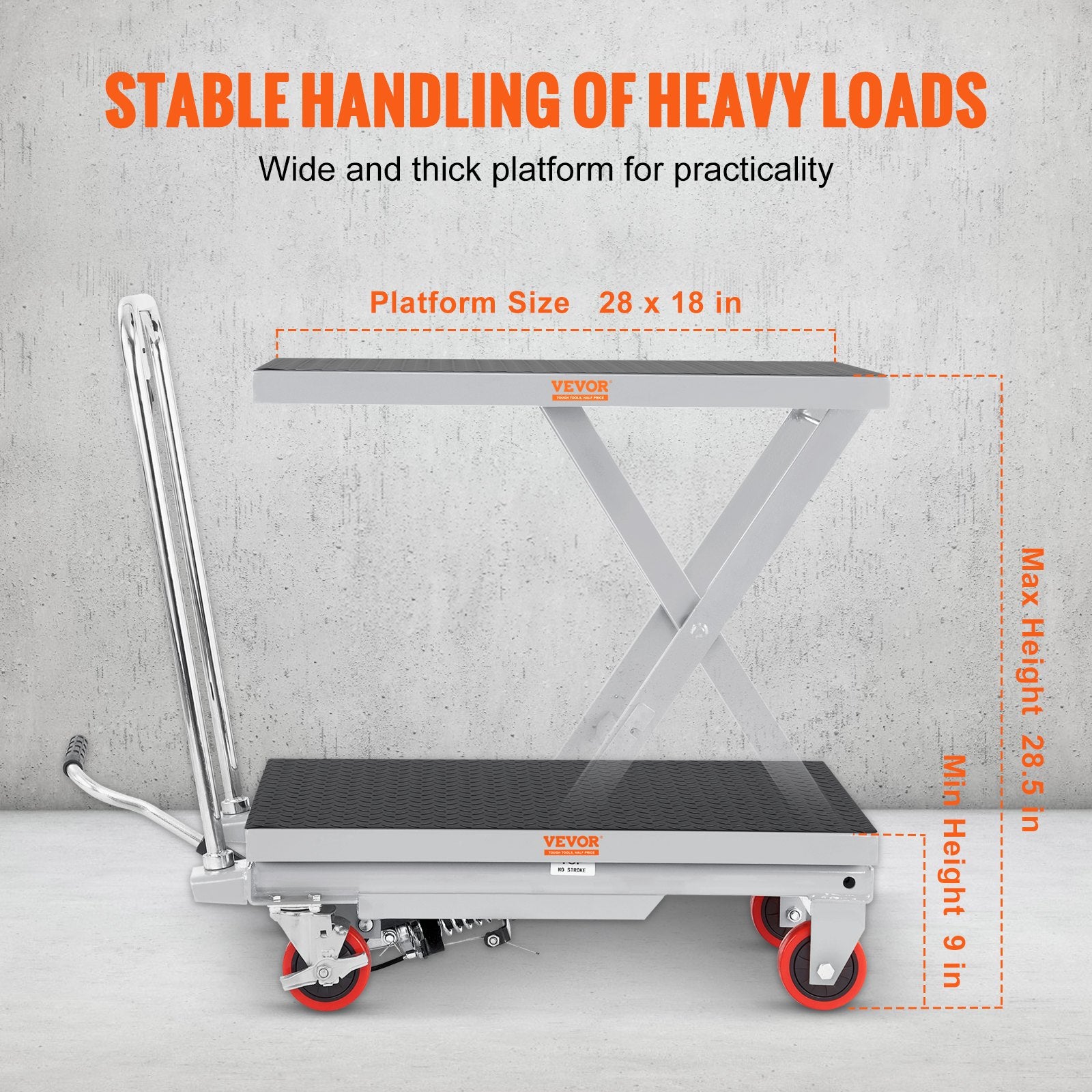 VEVOR Hydraulic Lift Table Cart, 500lbs Capacity 28.5" Lifting Height, Manual Single Scissor Lift Table with 4 Wheels and Non-slip Pad, Hydraulic Scissor Cart for Material Handling, Gray 3