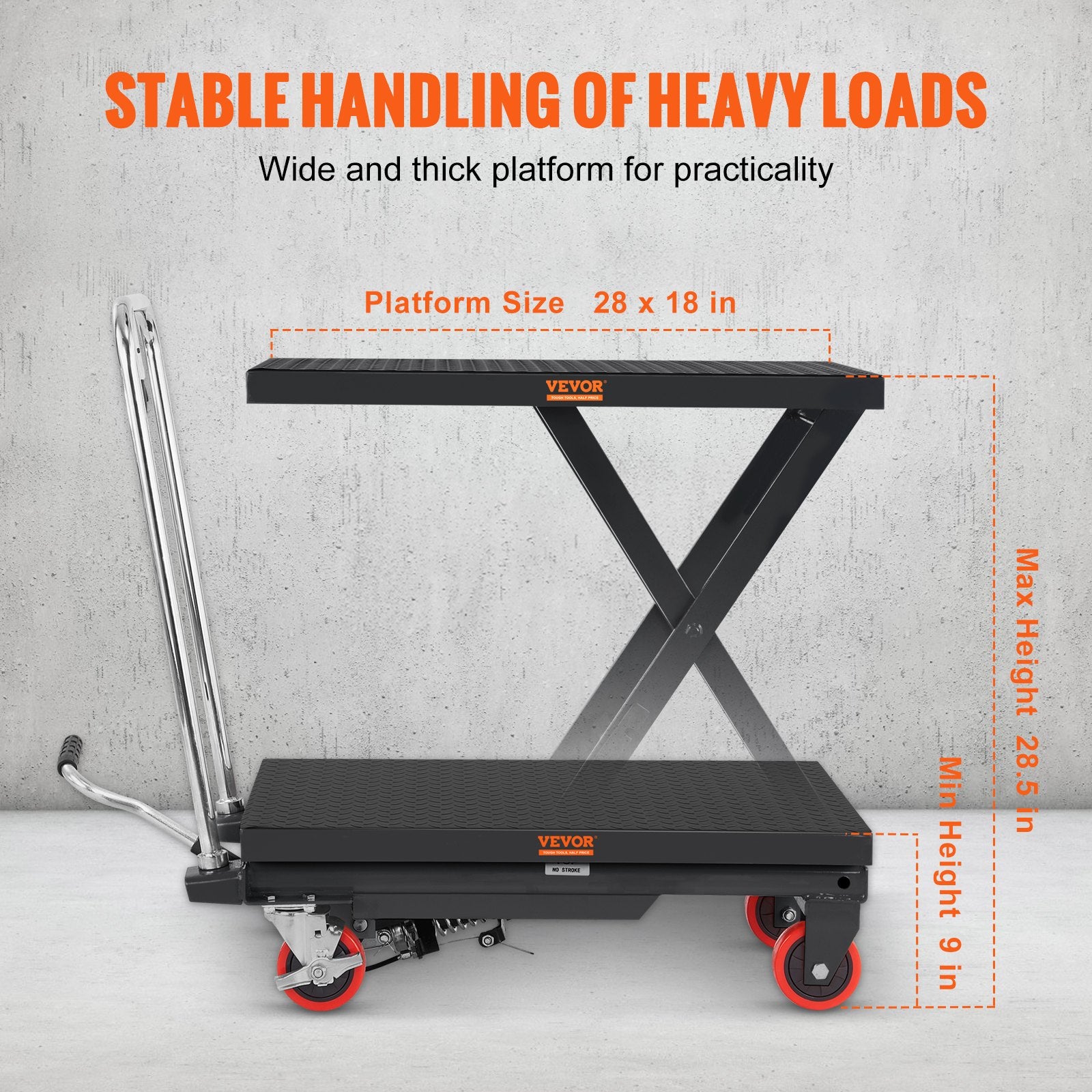 VEVOR Hydraulic Lift Table Cart, 330lbs Capacity 28.5" Lifting Height, Manual Single Scissor Lift Table with 4 Wheels and Non-slip Pad, Hydraulic Scissor Cart for Material Handling, Black 3