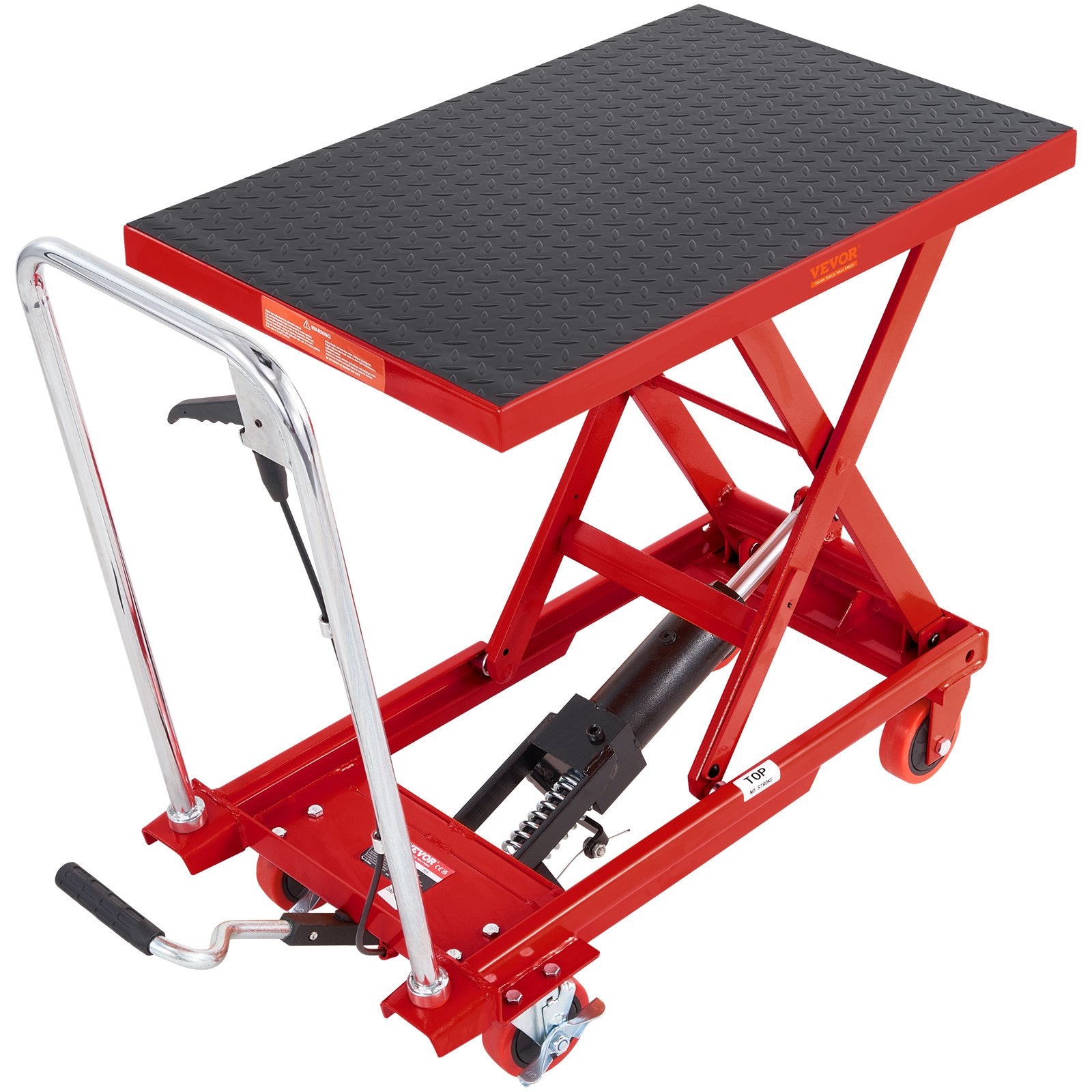 VEVOR Hydraulic Lift Table Cart, 330lbs Capacity 28.5" Lifting Height, Manual Single Scissor Lift Table with 4 Wheels and Non-slip Pad, Hydraulic Scissor Cart for Material Handling, Red