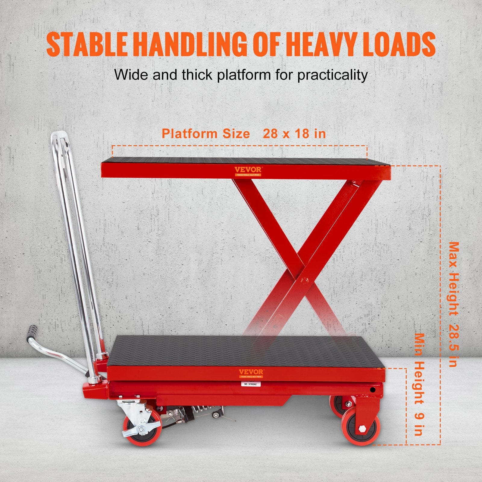 VEVOR Hydraulic Lift Table Cart, 330lbs Capacity 28.5" Lifting Height, Manual Single Scissor Lift Table with 4 Wheels and Non-slip Pad, Hydraulic Scissor Cart for Material Handling, Red 3