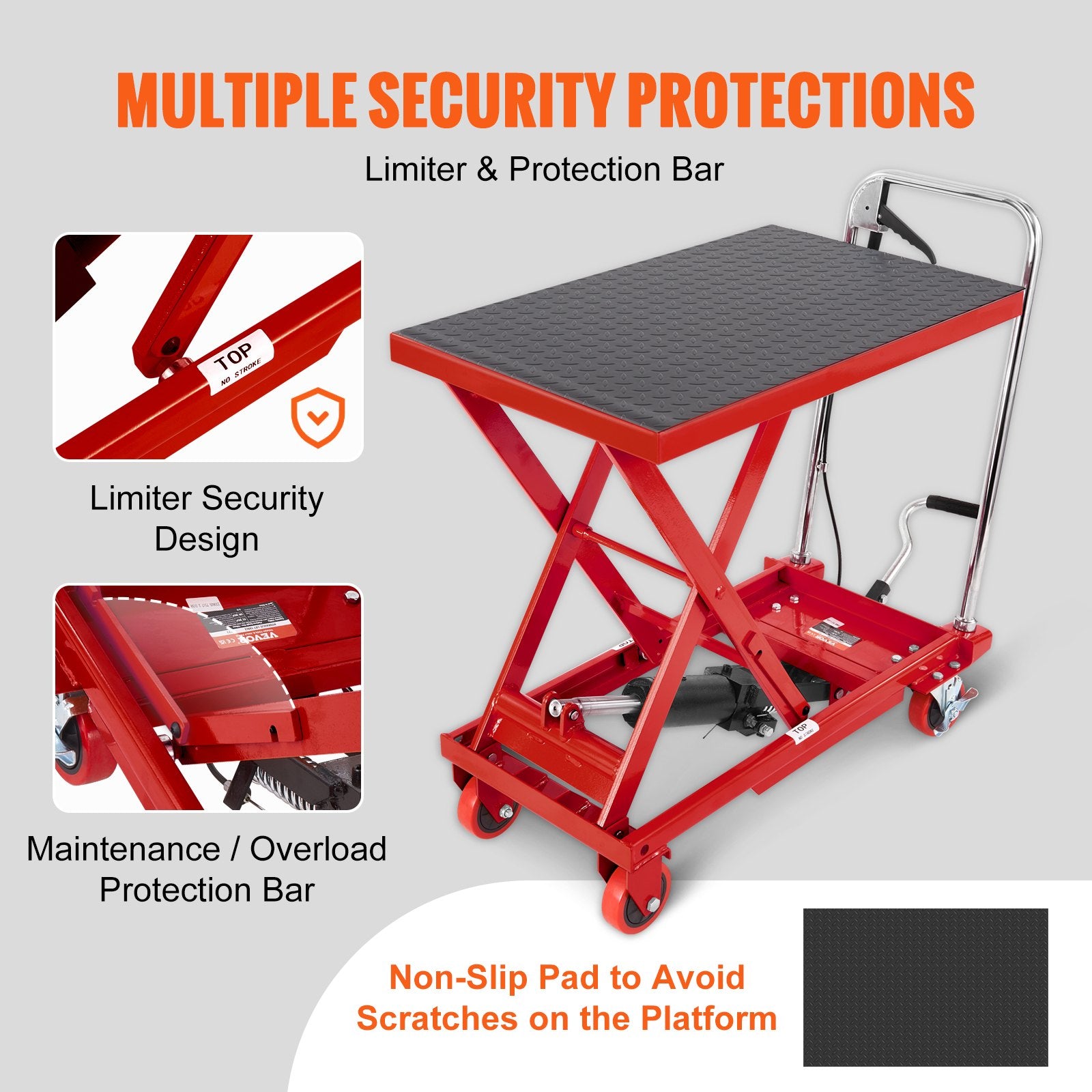 VEVOR Hydraulic Lift Table Cart, 330lbs Capacity 28.5" Lifting Height, Manual Single Scissor Lift Table with 4 Wheels and Non-slip Pad, Hydraulic Scissor Cart for Material Handling, Red 5