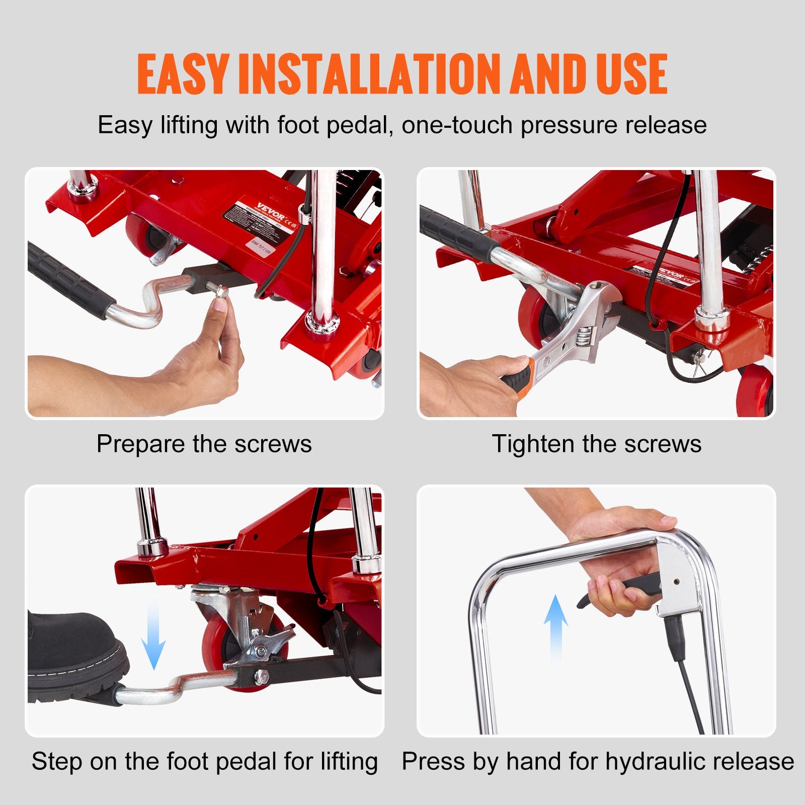 VEVOR Hydraulic Lift Table Cart, 330lbs Capacity 28.5" Lifting Height, Manual Single Scissor Lift Table with 4 Wheels and Non-slip Pad, Hydraulic Scissor Cart for Material Handling, Red 6
