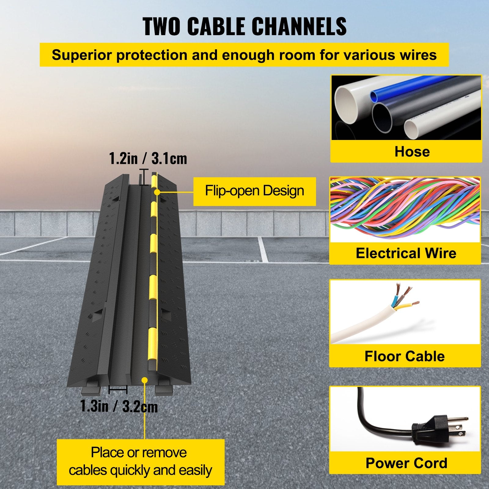 VEVOR Cable Protector Ramp, 5 Packs 2 Channels Speed Bump Hump, Rubber Modular Speed Bump Rated 11000 LBS Load Capacity, Protective Wire Cord Ramp Driveway Rubber Traffic Speed Bumps Cable Protector 3