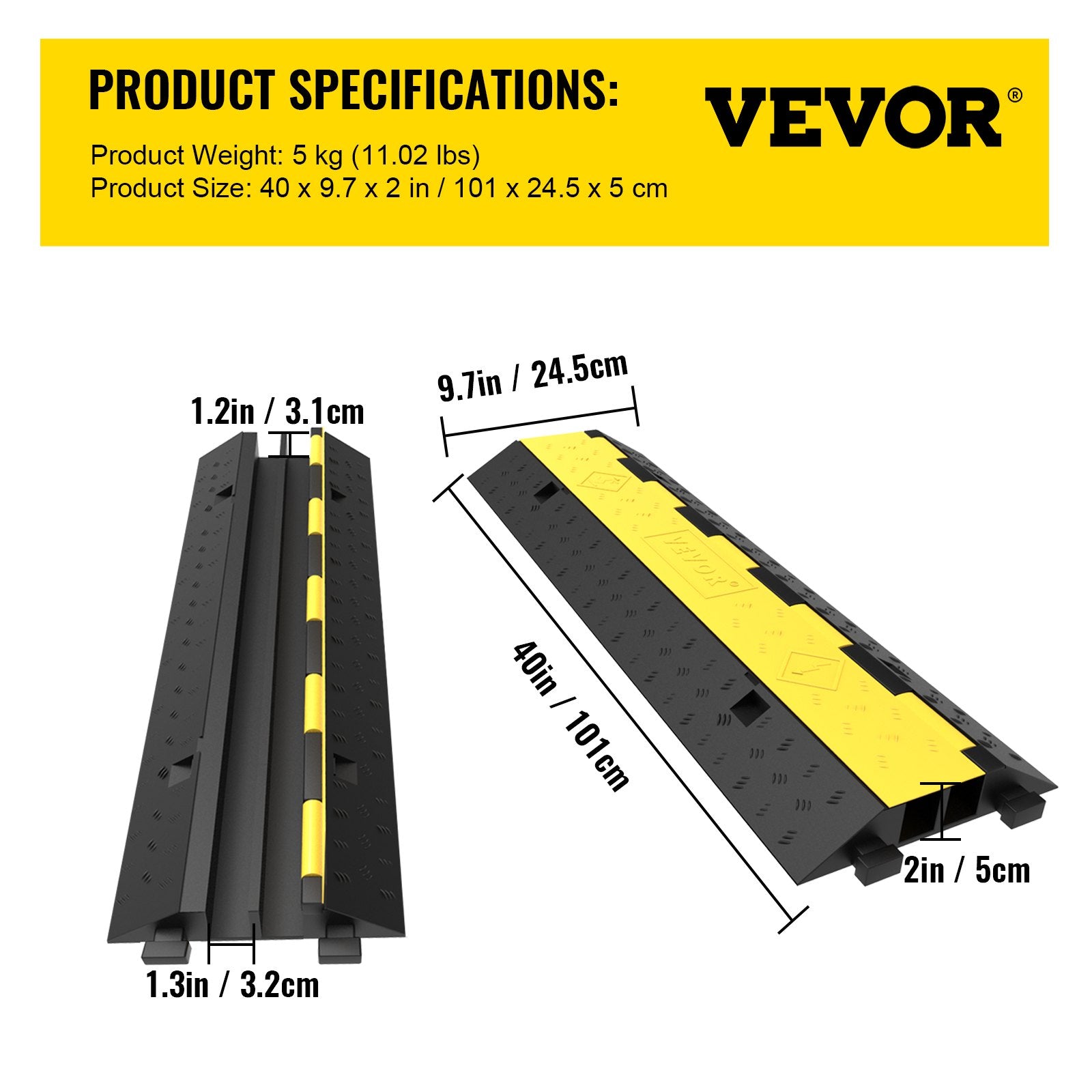 VEVOR Cable Protector Ramp, 5 Packs 2 Channels Speed Bump Hump, Rubber Modular Speed Bump Rated 11000 LBS Load Capacity, Protective Wire Cord Ramp Driveway Rubber Traffic Speed Bumps Cable Protector 7
