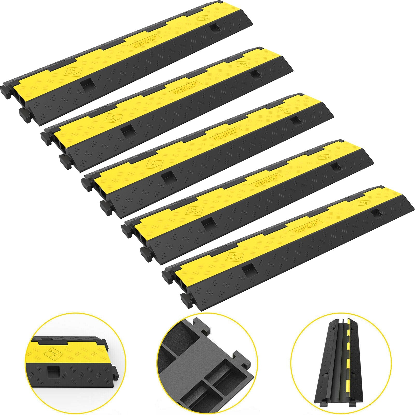 VEVOR Cable Protector Ramp, 5 Packs 2 Channels Speed Bump Hump, Rubber Modular Speed Bump Rated 11000 LBS Load Capacity, Protective Wire Cord Ramp Driveway Rubber Traffic Speed Bumps Cable Protector 8