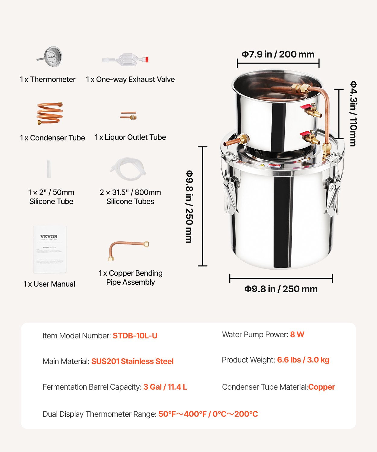 VEVOR Moonshine Still 3 Gal Water Alcohol Distiller Brewing Kit Stainless Steel 7