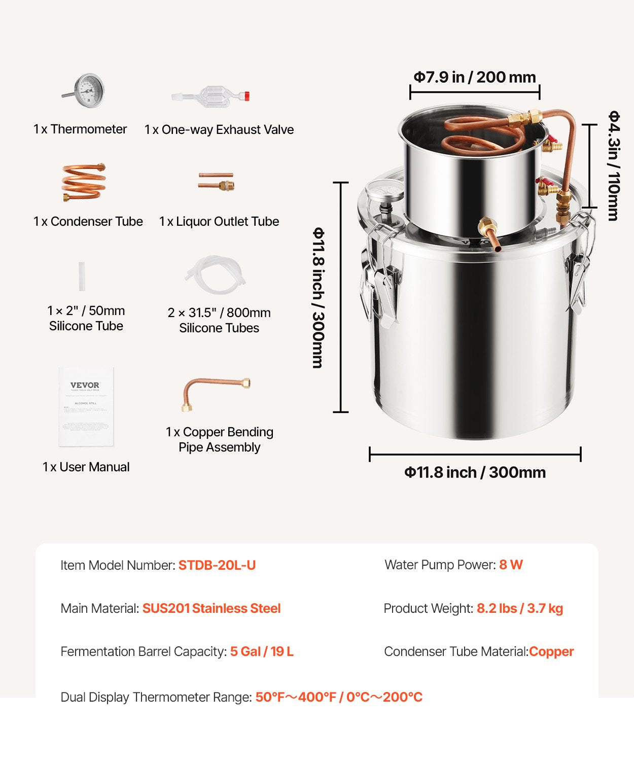VEVOR Moonshine Still 5 Gal Water Alcohol Distiller Brewing Kit Stainless Steel 7