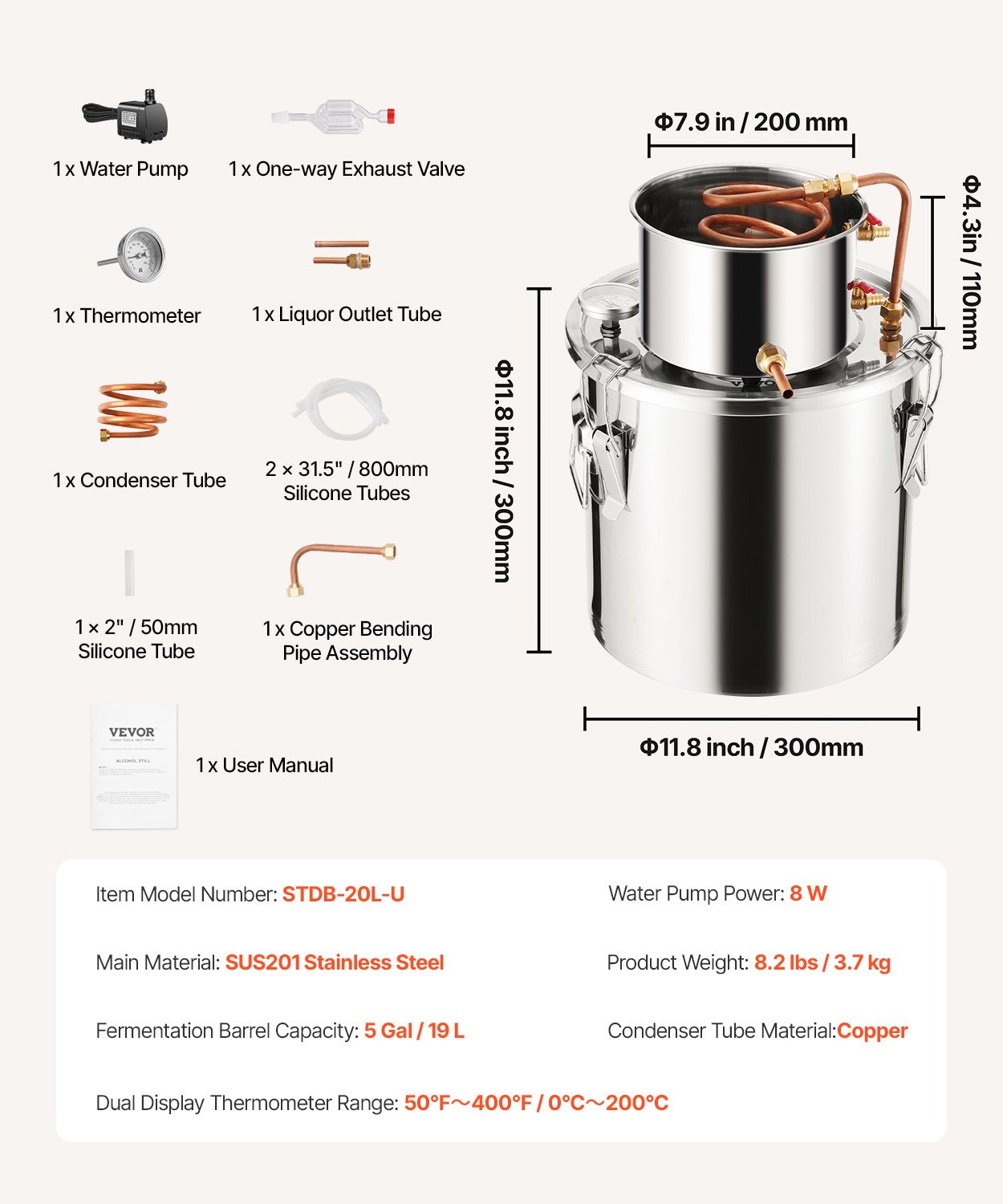 VEVOR Moonshine Still 5 Gal Water Alcohol Distiller Brewing Kit Stainless Steel 7