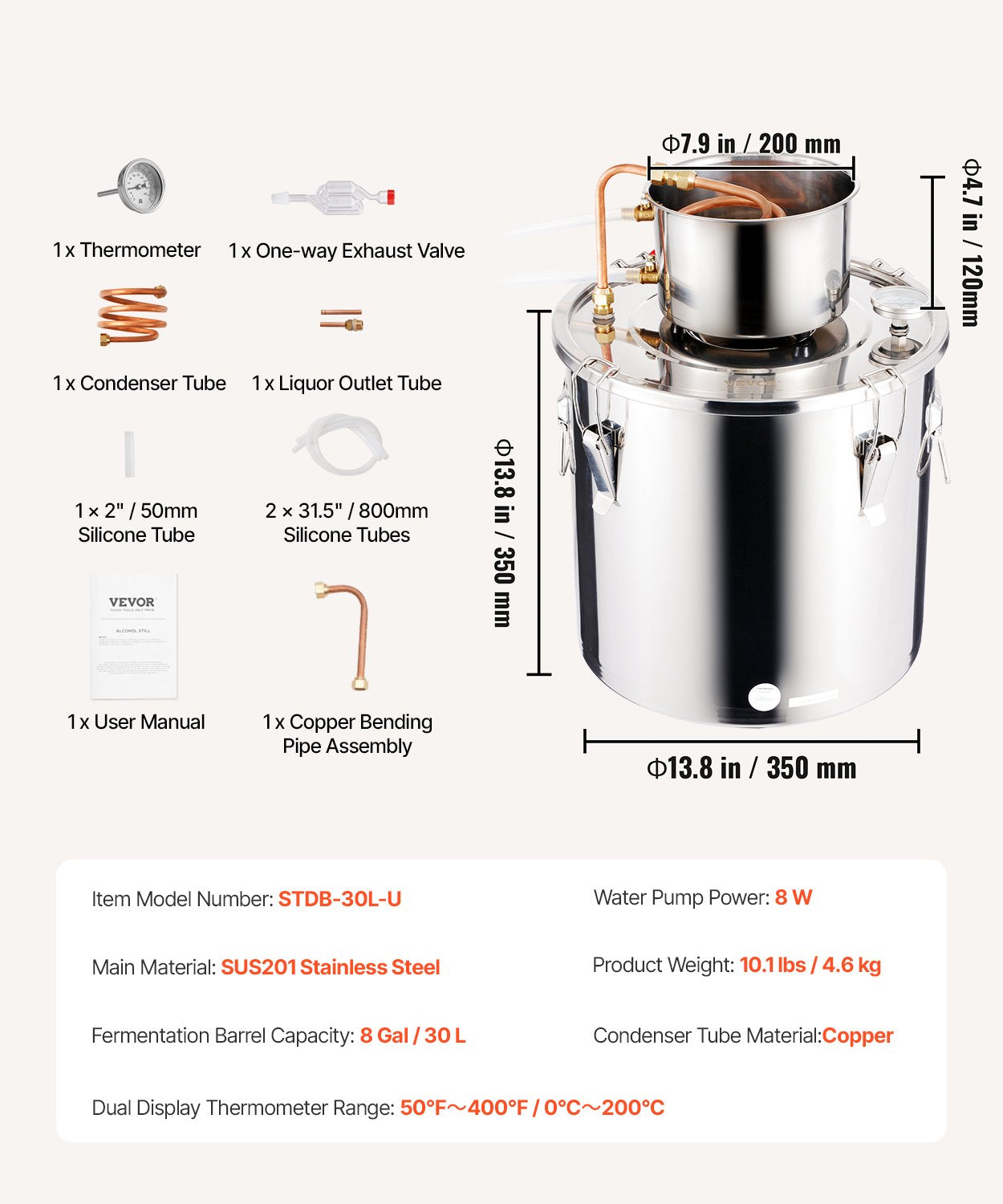 VEVOR Moonshine Still 8 Gal Water Alcohol Distiller Brewing Kit Stainless Steel 7