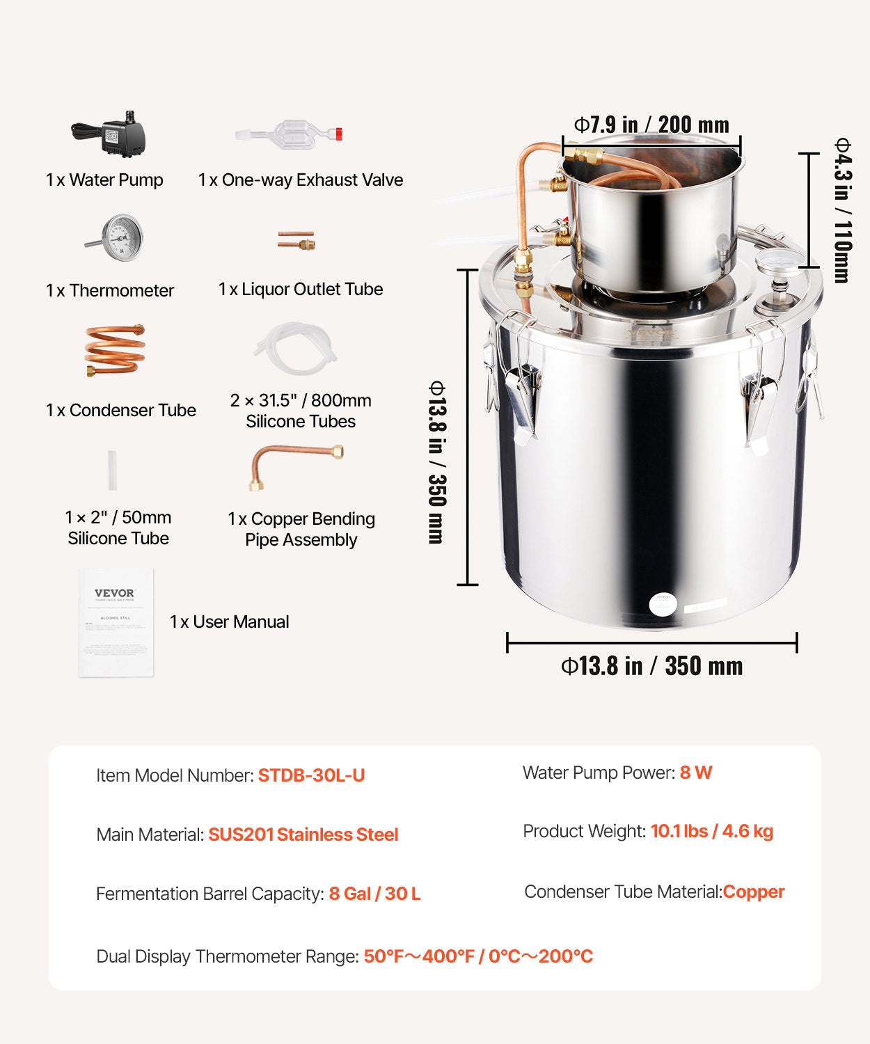 VEVOR Moonshine Still 8 Gal Water Alcohol Distiller Brewing Kit Stainless Steel 7