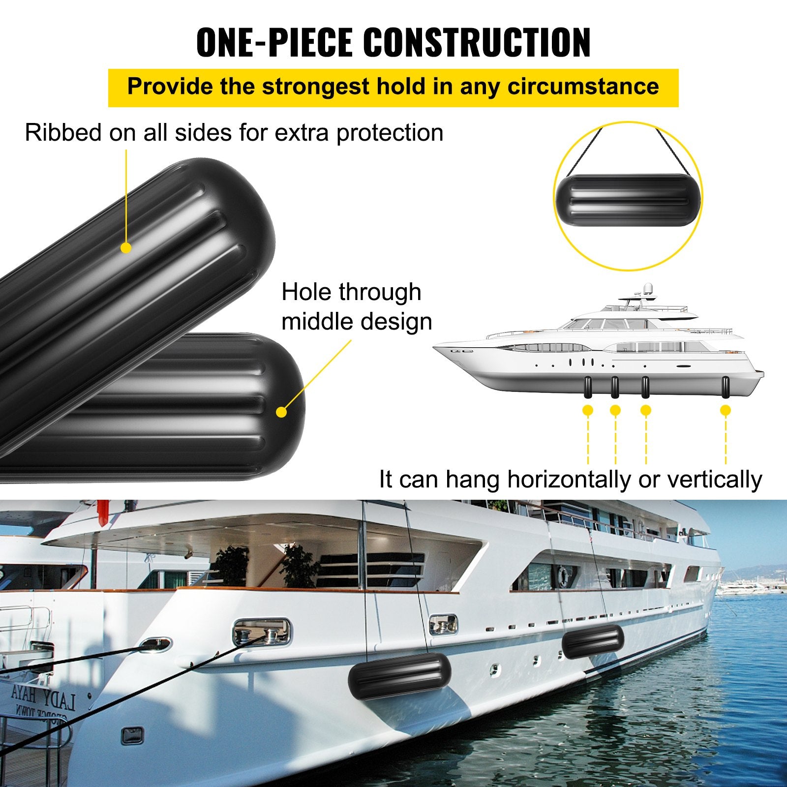 VEVOR Boat Fenders, 10" x 28" Ribbed Fender, 4 Pack Boat Bumpers, Hole Through Middle Ribbed Inflatable Boat Fender with 4 Ropes, for Pontoon Boat Sailboat, Ski Boat, Black 4