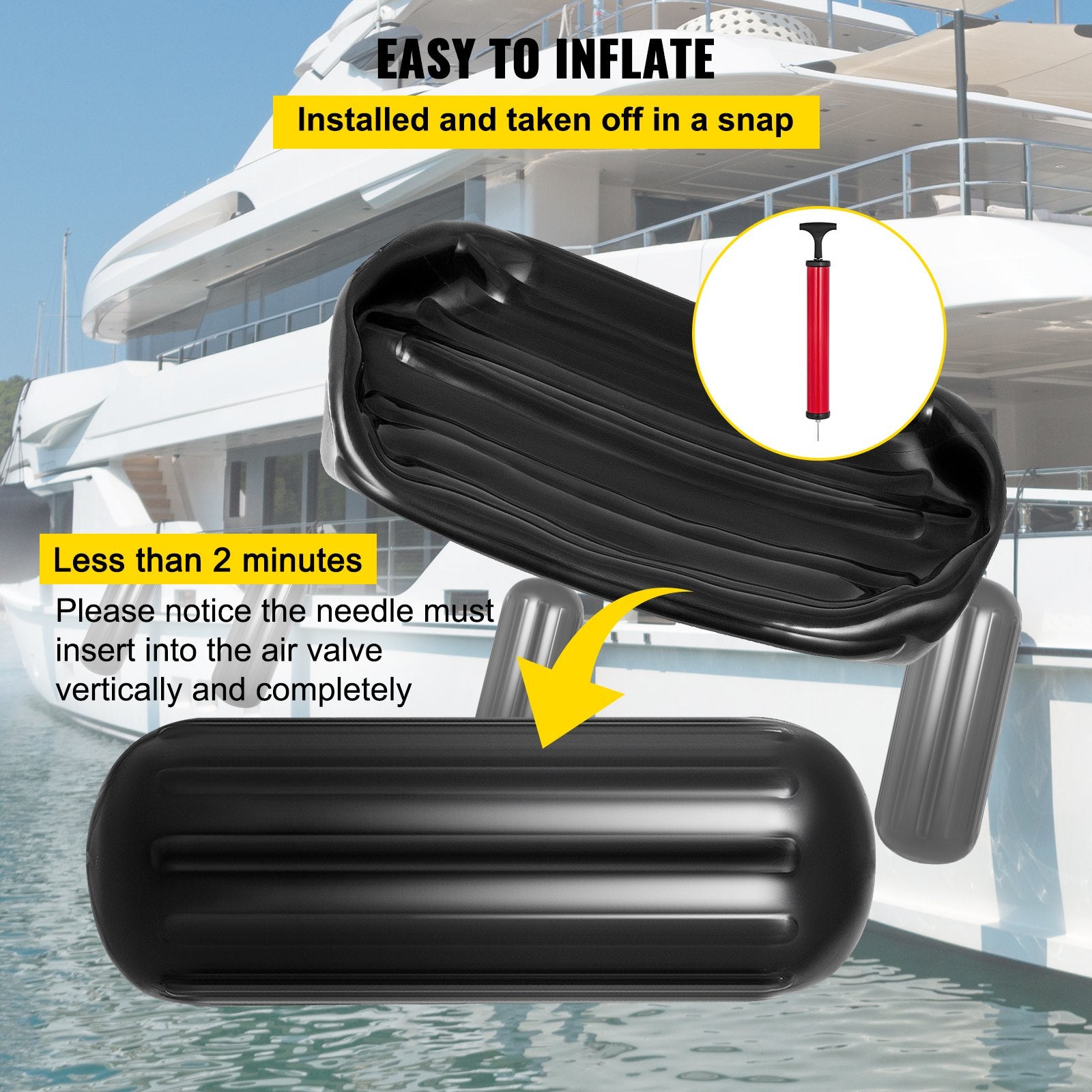 VEVOR Boat Fenders, 10" x 28" Ribbed Fender, 4 Pack Boat Bumpers, Hole Through Middle Ribbed Inflatable Boat Fender with 4 Ropes, for Pontoon Boat Sailboat, Ski Boat, Black 5