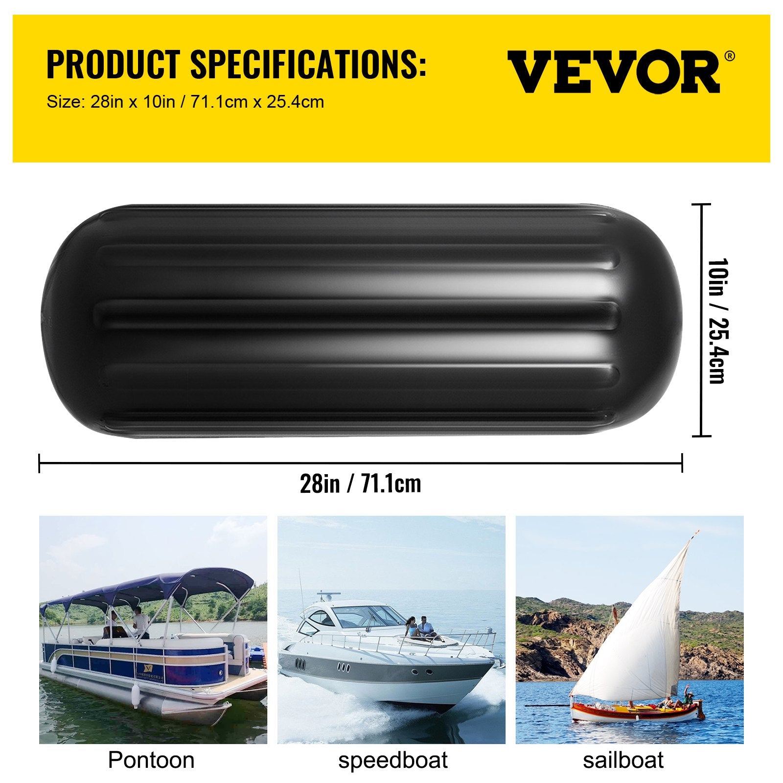 VEVOR Boat Fenders, 10" x 28" Ribbed Fender, 4 Pack Boat Bumpers, Hole Through Middle Ribbed Inflatable Boat Fender with 4 Ropes, for Pontoon Boat Sailboat, Ski Boat, Black 7