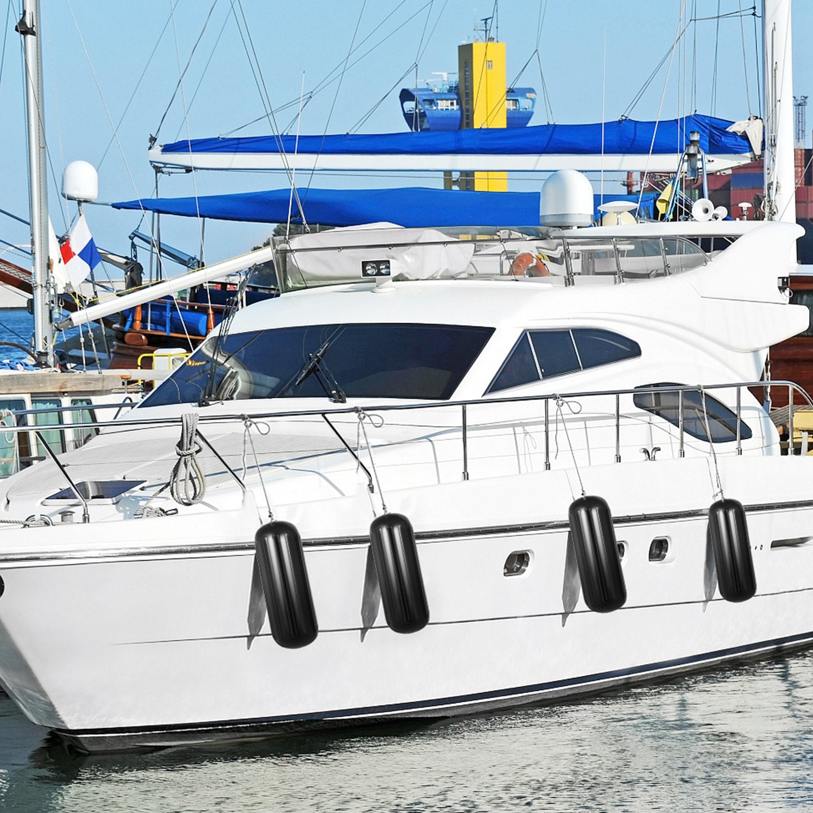 VEVOR Boat Fenders, 10" x 28" Ribbed Fender, 4 Pack Boat Bumpers, Hole Through Middle Ribbed Inflatable Boat Fender with 4 Ropes, for Pontoon Boat Sailboat, Ski Boat, Black 8