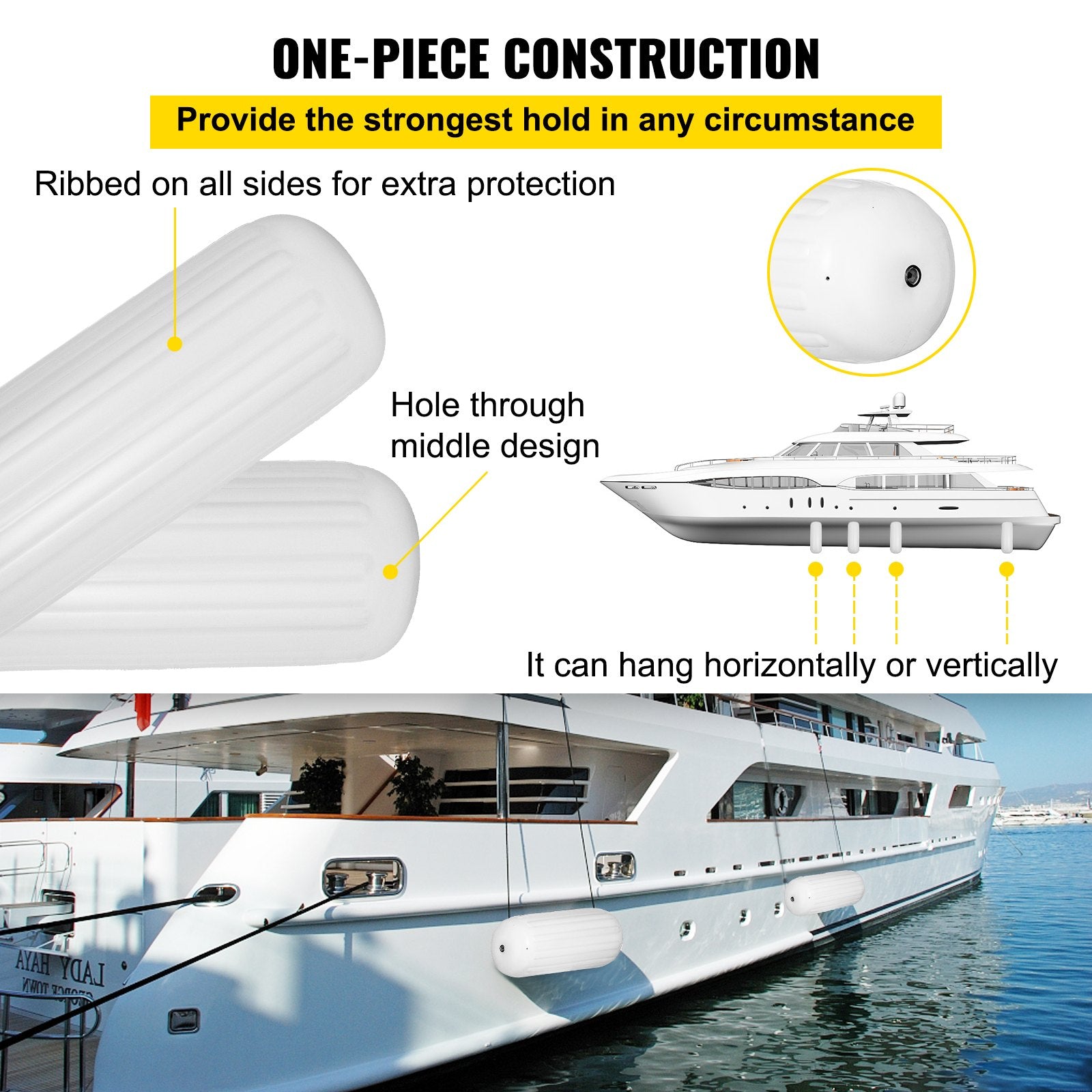 VEVOR 4 Ribbed Boat Fender 10" x 28" White Center Hole Bumper Mooring Protection 4