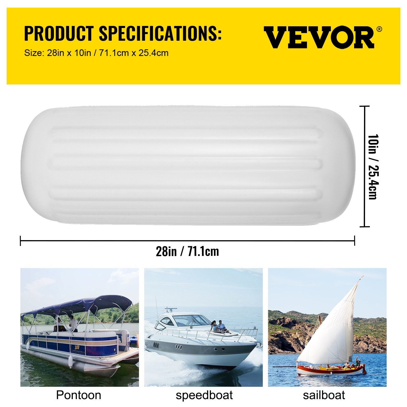 VEVOR 4 Ribbed Boat Fender 10" x 28" White Center Hole Bumper Mooring Protection 7