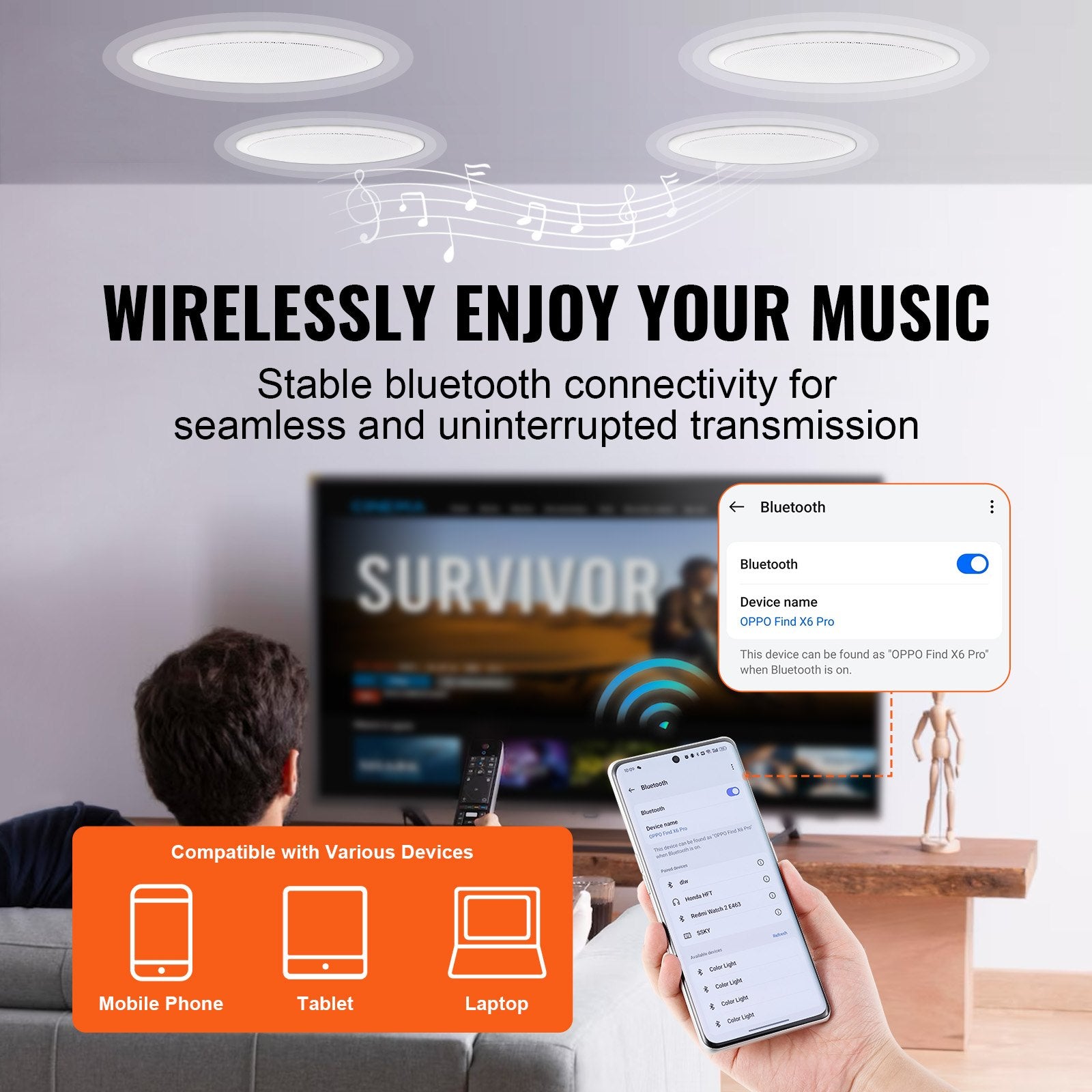 VEVOR 4 PCs 165.1 mm Bluetooth in Ceiling Speakers, 150W, Flush Mount Ceiling & in-Wall Speaker System with Impedance 89dB Sensitivity, for Home Kitchen Living Room Bedroom or Covered Porches 3
