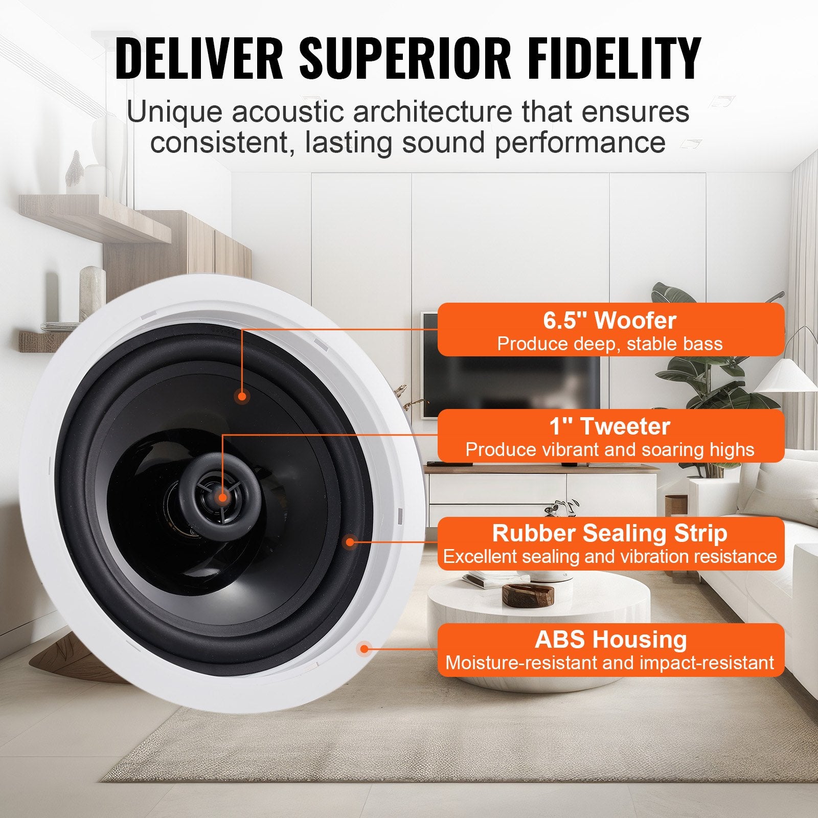 VEVOR 4 PCs 165.1 mm Bluetooth in Ceiling Speakers, 150W, Flush Mount Ceiling & in-Wall Speaker System with Impedance 89dB Sensitivity, for Home Kitchen Living Room Bedroom or Covered Porches 4