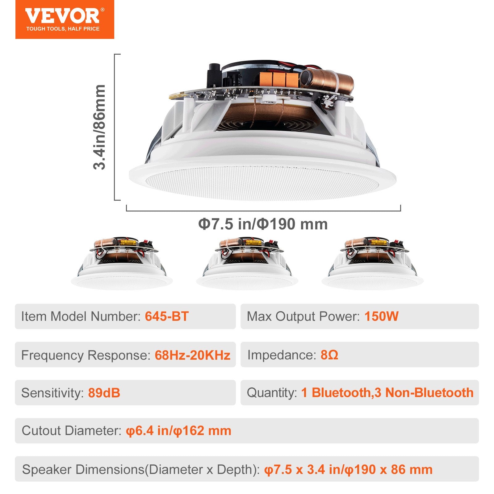 VEVOR 4 PCs 165.1 mm Bluetooth in Ceiling Speakers, 150W, Flush Mount Ceiling & in-Wall Speaker System with Impedance 89dB Sensitivity, for Home Kitchen Living Room Bedroom or Covered Porches 7