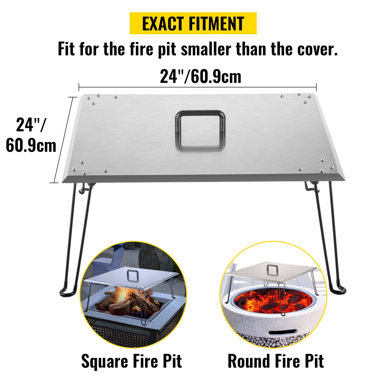 VEVOR Fire Pit Heat Deflector Fire Pit Pan Cover Stainless Steel Foldable Legs 3