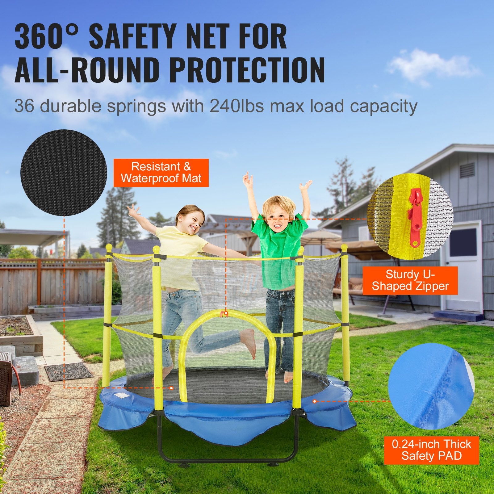 VEVOR 5FT Trampoline for Kids, 60" Indoor Outdoor Trampoline with Safety Enclosure Net, Basketball Hoop and Ocean Balls, Mini Toddler Recreational Trampoline Birthday Gifts for 3+ Years Kids 4