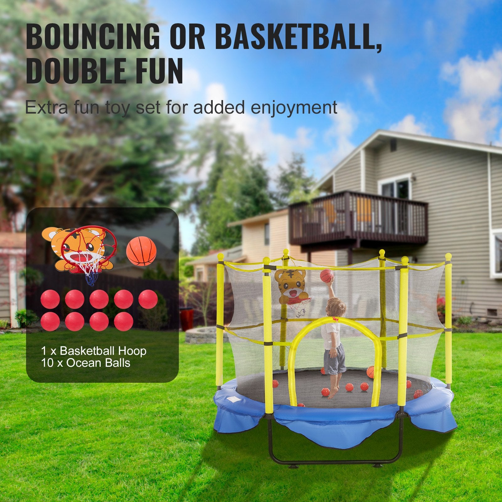 VEVOR 5FT Trampoline for Kids, 60" Indoor Outdoor Trampoline with Safety Enclosure Net, Basketball Hoop and Ocean Balls, Mini Toddler Recreational Trampoline Birthday Gifts for 3+ Years Kids 5