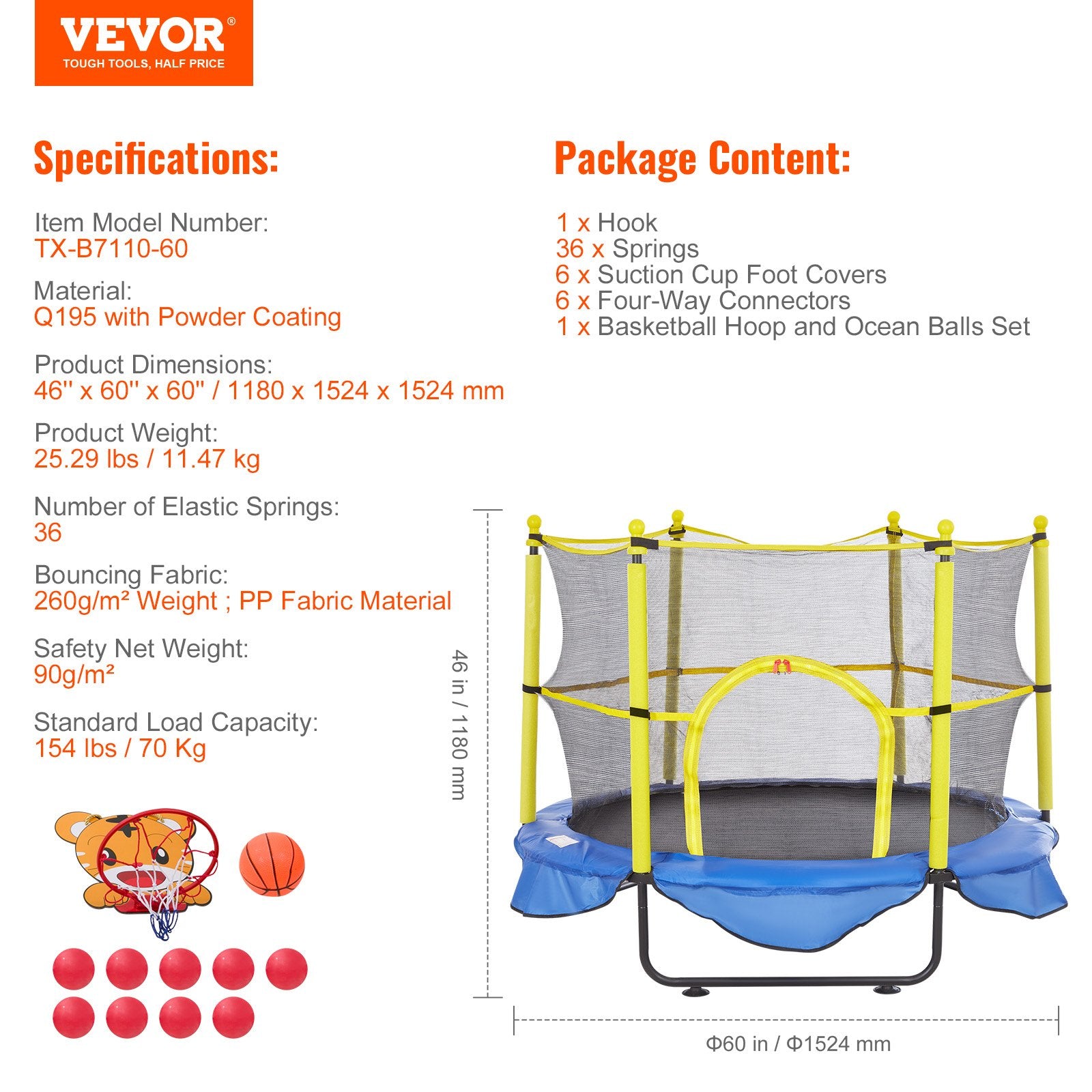 VEVOR 5FT Trampoline for Kids, 60" Indoor Outdoor Trampoline with Safety Enclosure Net, Basketball Hoop and Ocean Balls, Mini Toddler Recreational Trampoline Birthday Gifts for 3+ Years Kids 7