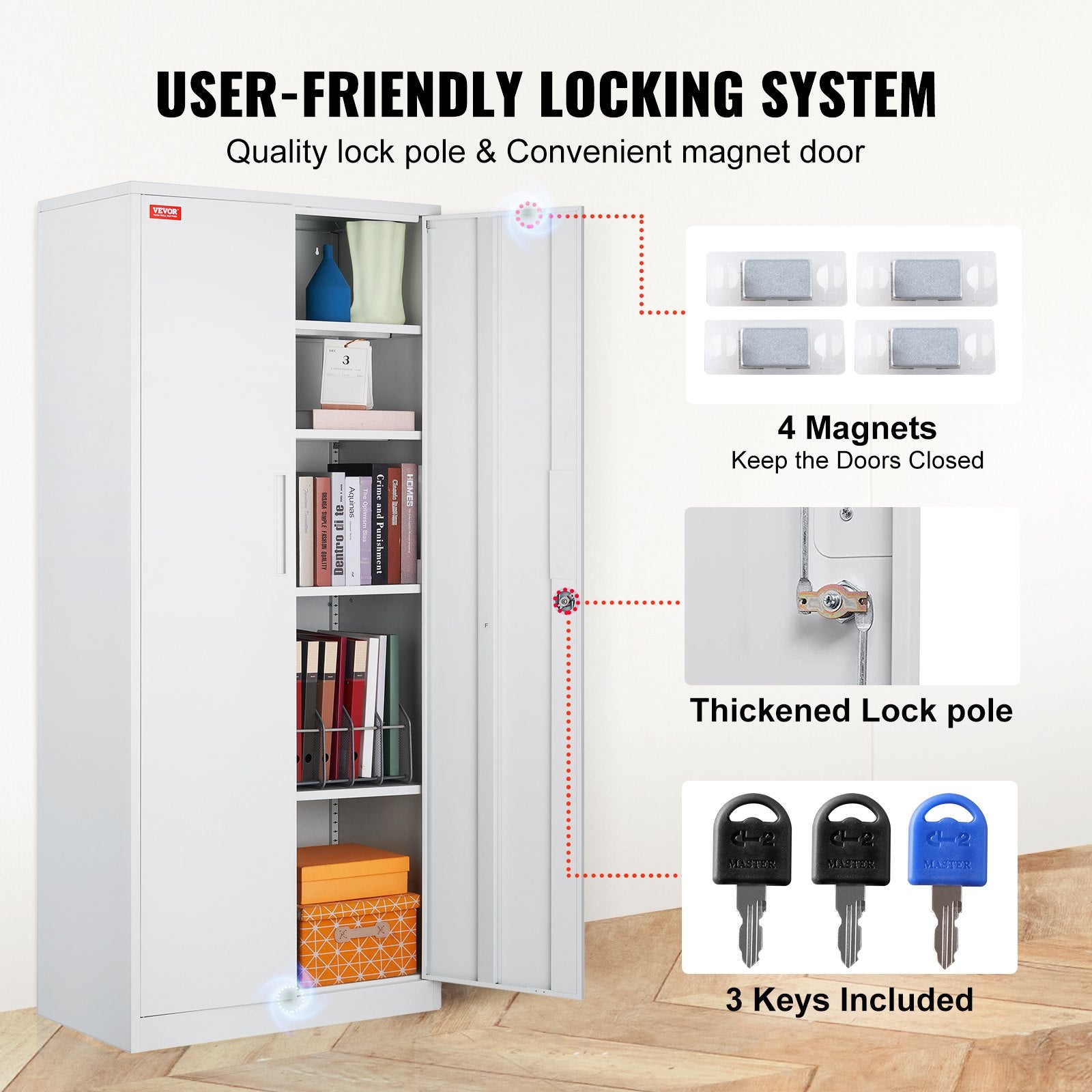 VEVOR Metal Storage Cabinet w/ 3 Keys Adjustable Shelves & Magnetic Door White 4