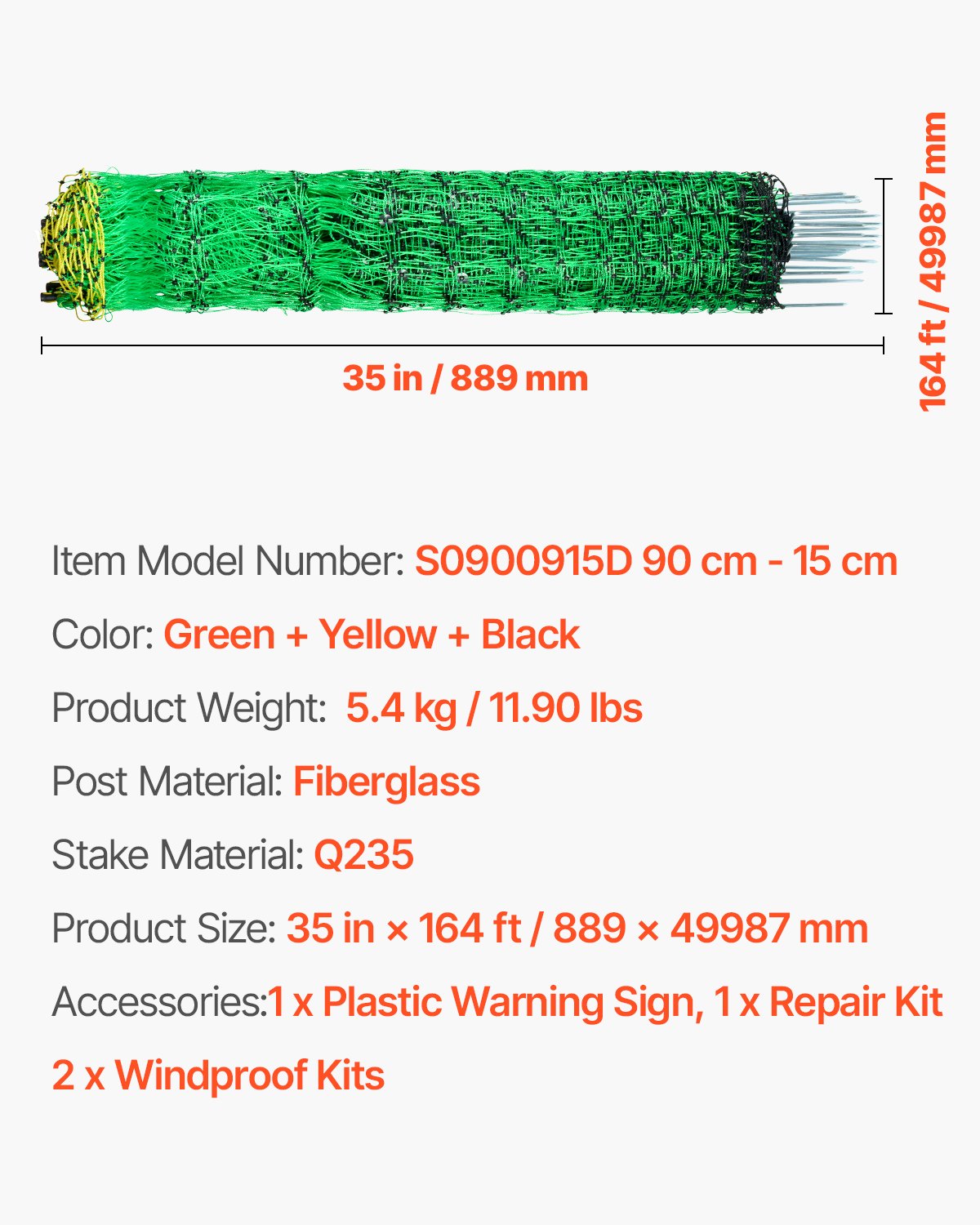 VEVOR Electric Fence Netting, 0.88 x 49.98 m, PE Net Fencing with Posts & Double-Spiked Stakes, Utility Portable Mesh for Goats, Sheep, Lambs, Deer, Hogs, Dogs, Used in Backyards, Farms, and Ranches 7