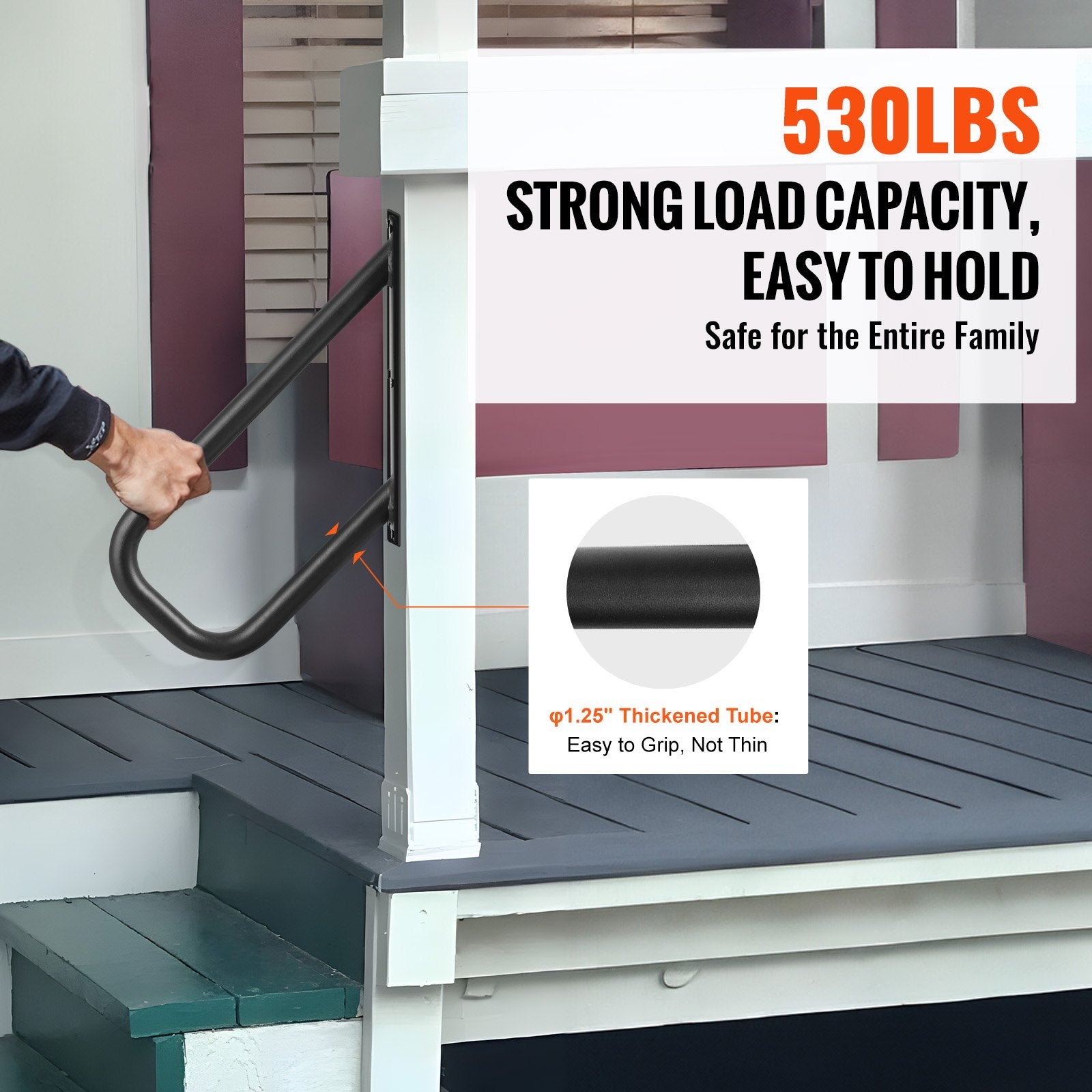 VEVOR Handrails for Outdoor Steps, 18.9" Length 1.3"Pipe Wall Mount Safety Railings for 1-2 Steps, Stair Handrail with Matte Black Finished,for Garden,Yard and Garage & Elderly,Pregnant Women, Disable 3