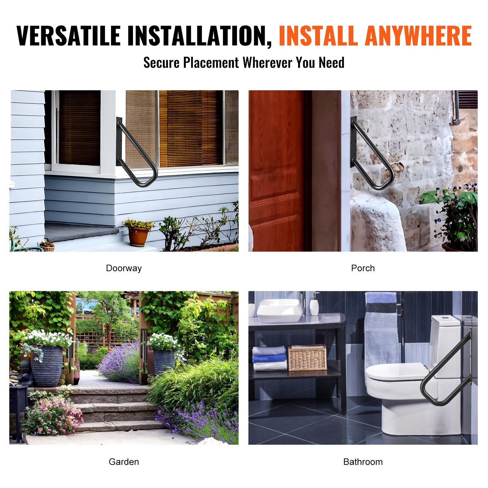 VEVOR Handrails for Outdoor Steps, 18.9" Length 1.3"Pipe Wall Mount Safety Railings for 1-2 Steps, Stair Handrail with Matte Black Finished,for Garden,Yard and Garage & Elderly,Pregnant Women, Disable 6