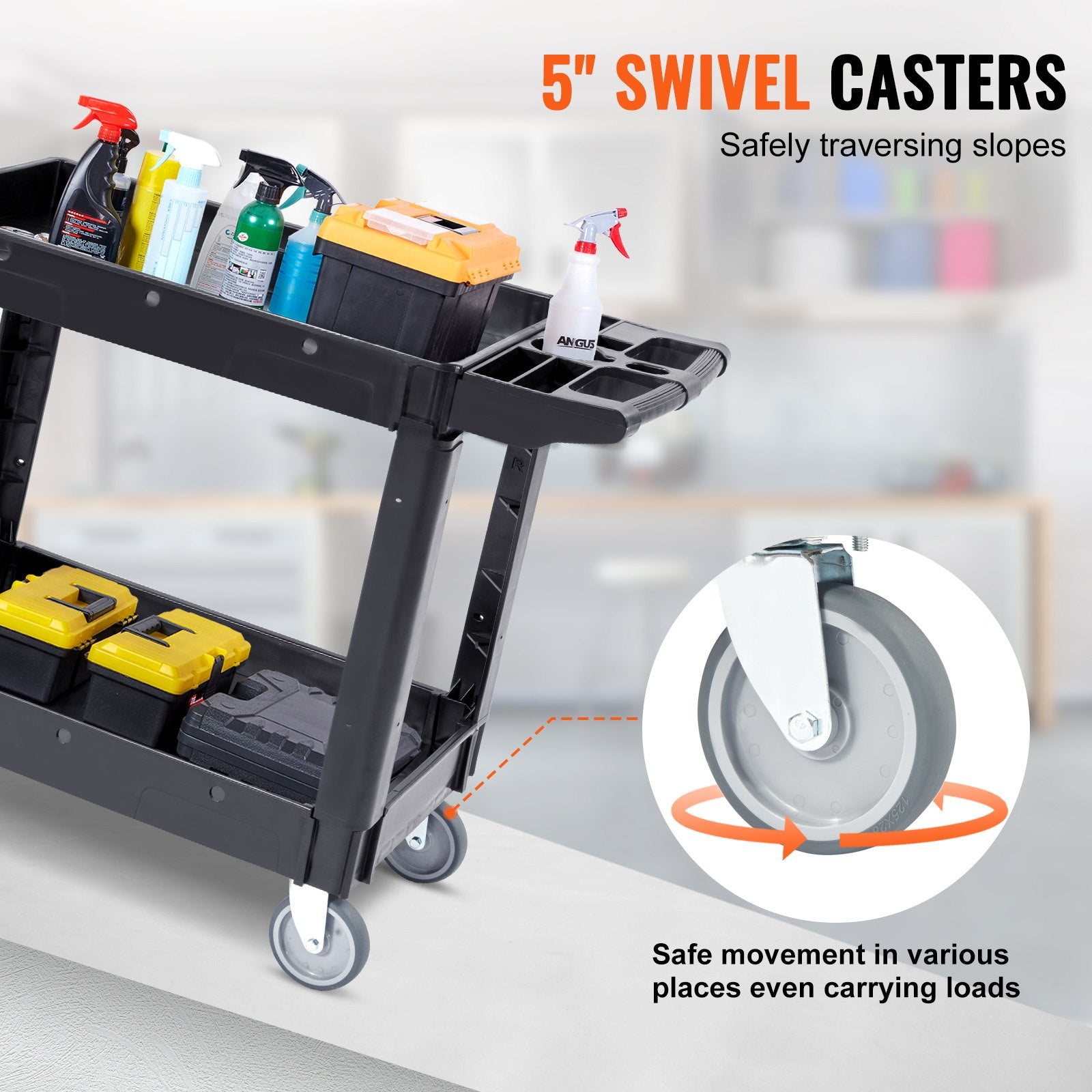 VEVOR Utility Service Cart, 2 Shelf 550LBS Heavy Duty Plastic Rolling Utility Cart with 360° Swivel Wheels, Medium Lipped Shelf, Ergonomic Storage Handle for Warehouse/Garage/Cleaning/Office 3