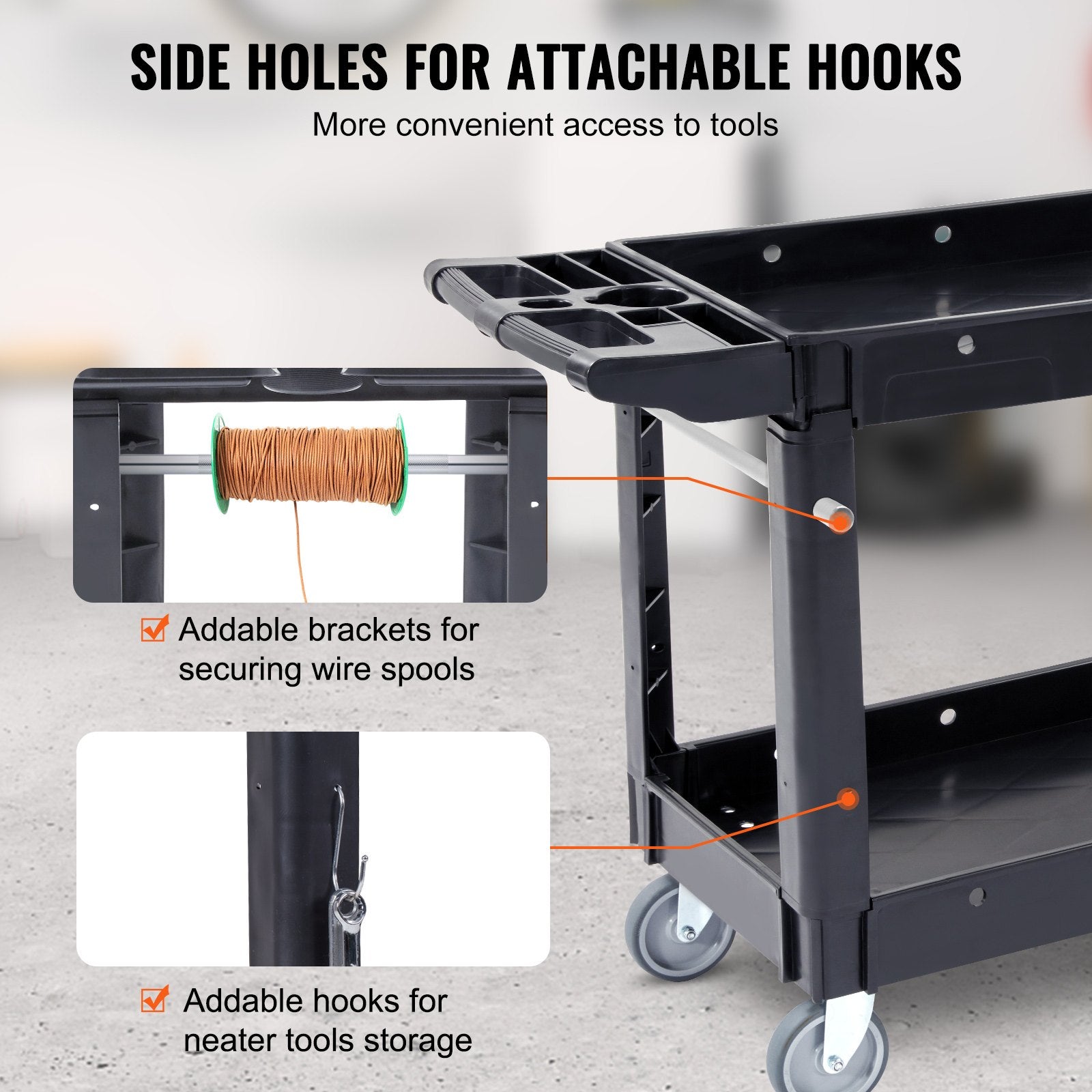VEVOR Utility Service Cart, 2 Shelf 550LBS Heavy Duty Plastic Rolling Utility Cart with 360° Swivel Wheels, Medium Lipped Shelf, Ergonomic Storage Handle for Warehouse/Garage/Cleaning/Office 5