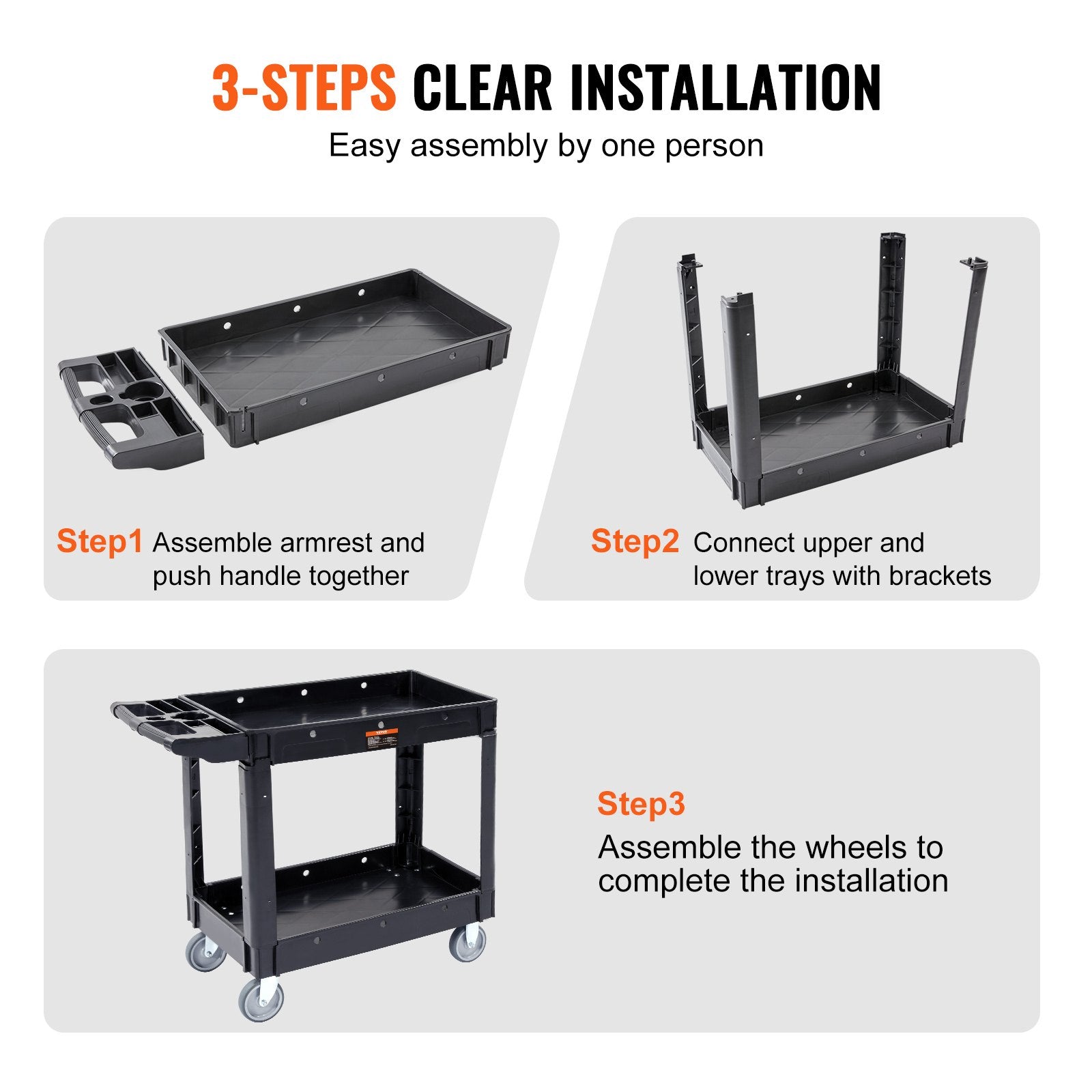 VEVOR Utility Service Cart, 2 Shelf 550LBS Heavy Duty Plastic Rolling Utility Cart with 360° Swivel Wheels, Medium Lipped Shelf, Ergonomic Storage Handle for Warehouse/Garage/Cleaning/Office 6