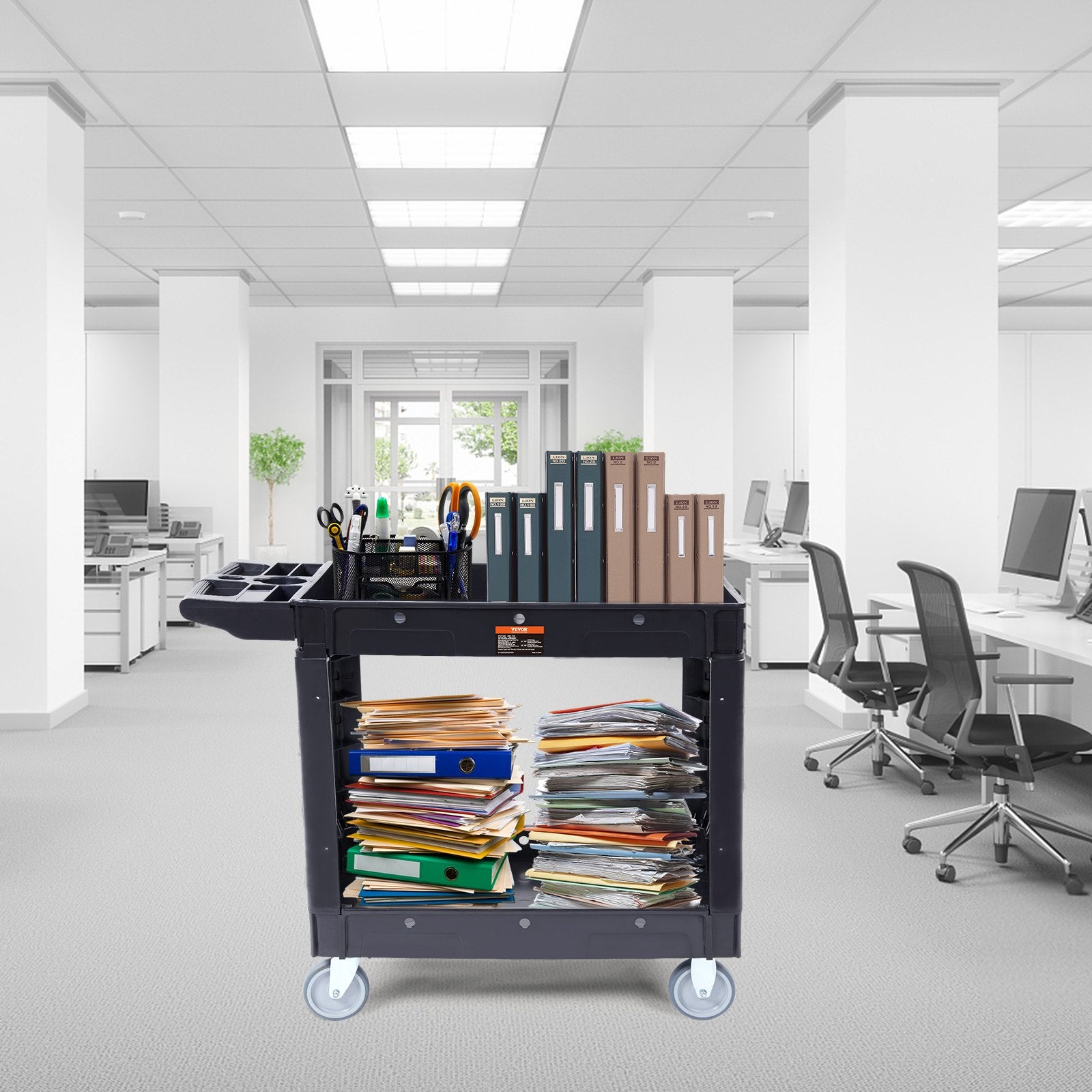 VEVOR Utility Service Cart, 2 Shelf 550LBS Heavy Duty Plastic Rolling Utility Cart with 360° Swivel Wheels, Medium Lipped Shelf, Ergonomic Storage Handle for Warehouse/Garage/Cleaning/Office 8